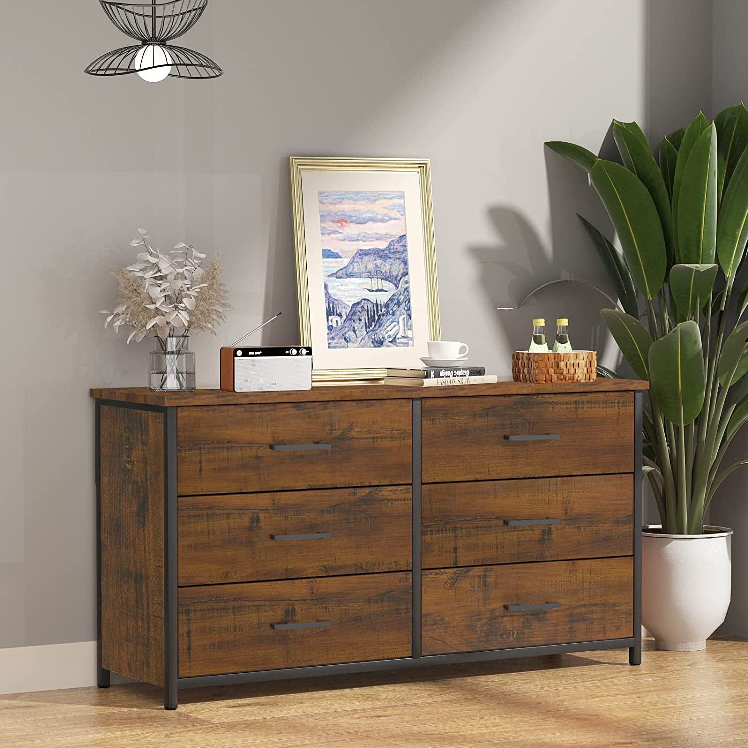 Industrial 6 Drawer Dresser in Walnut Brown Wood Finish