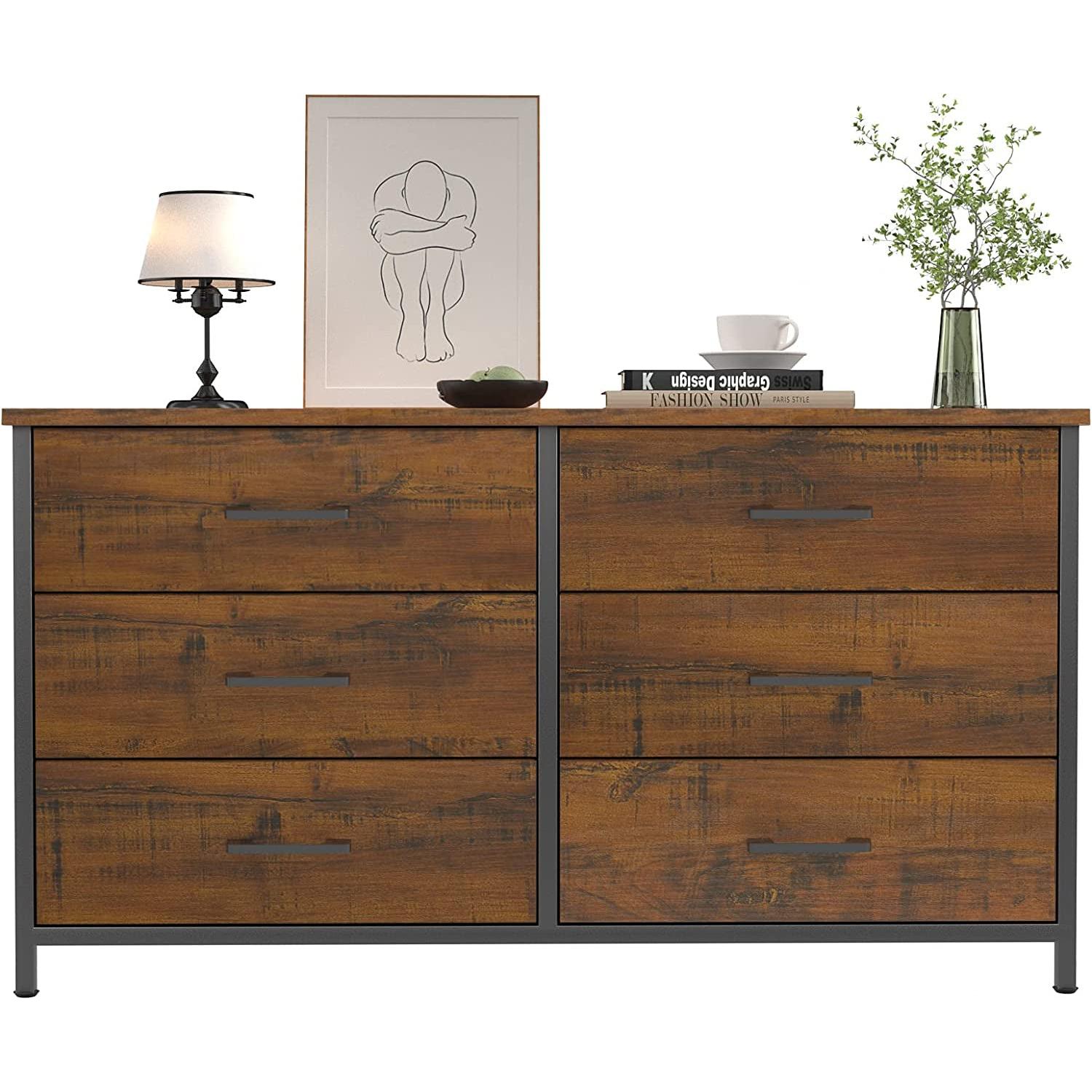 Industrial 6 Drawer Dresser in Walnut Brown Wood Finish