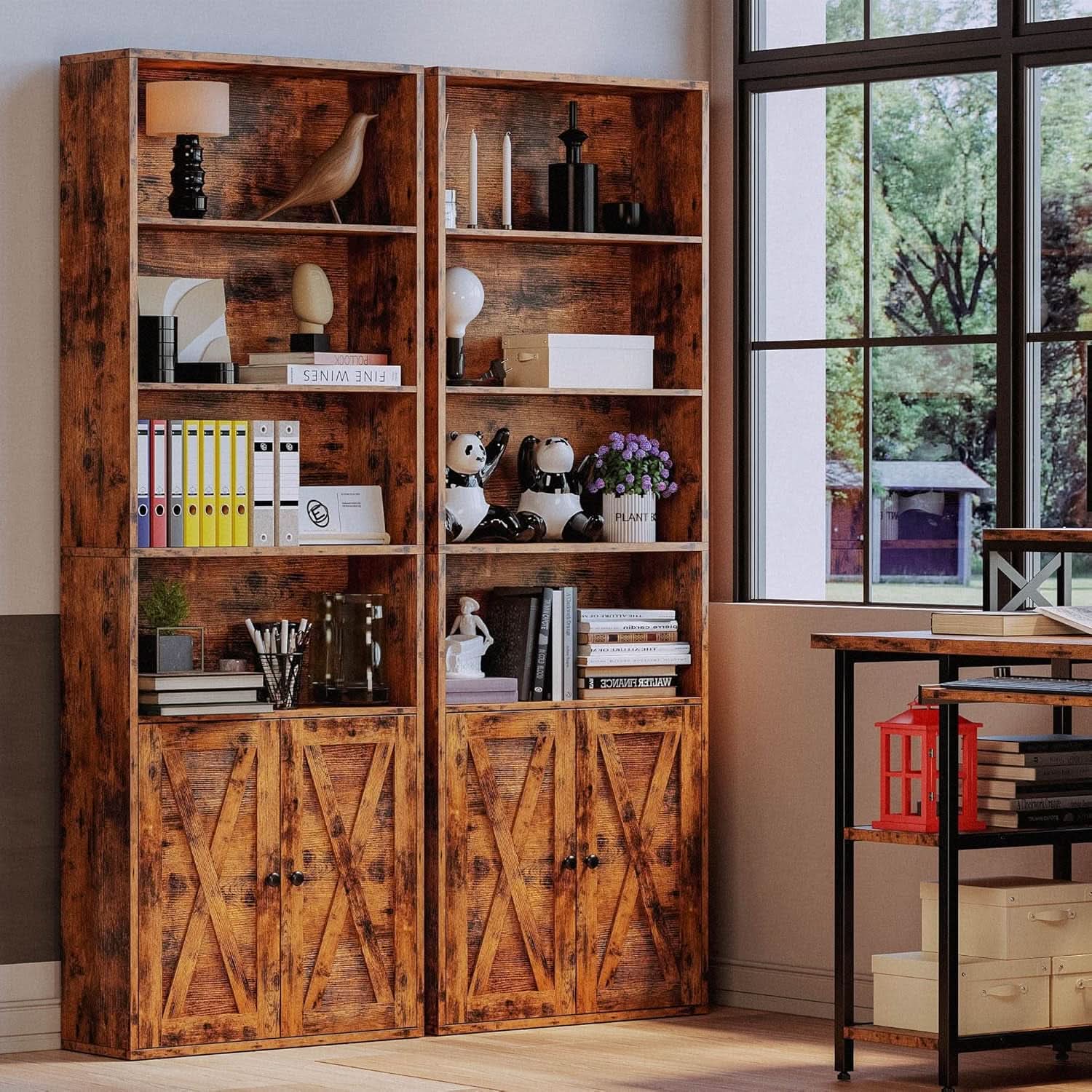 Industrial 70 Inch Tall Bookcase With Doors 6 Shelf Floor Standing Storage