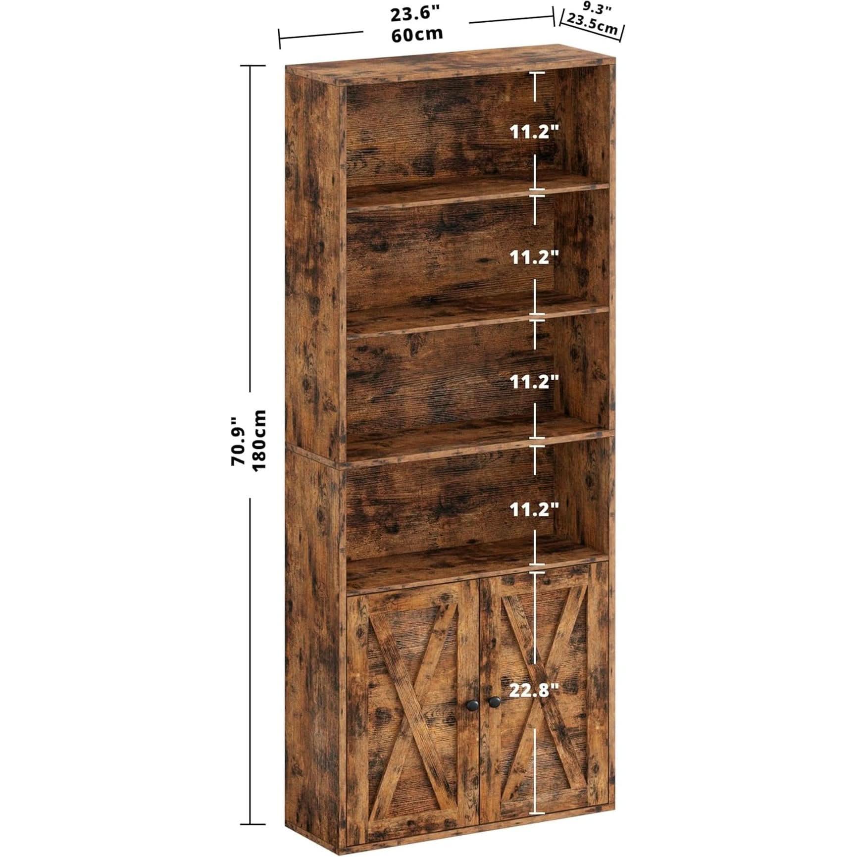 Industrial 70 Inch Tall Bookcase With Doors 6 Shelf Floor Standing Storage