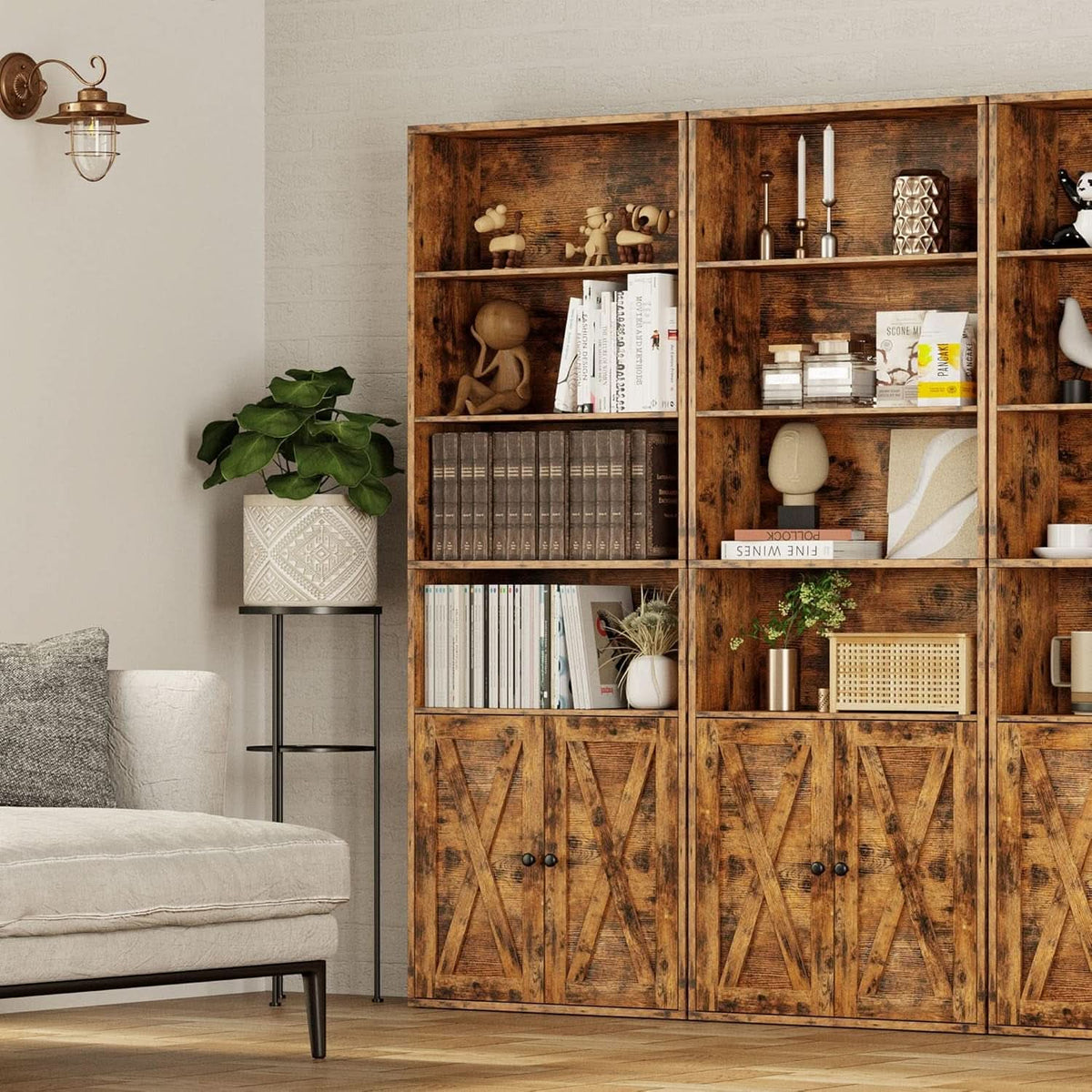 Industrial 70 Inch Tall Bookcase With Doors 6 Shelf Floor Standing Storage