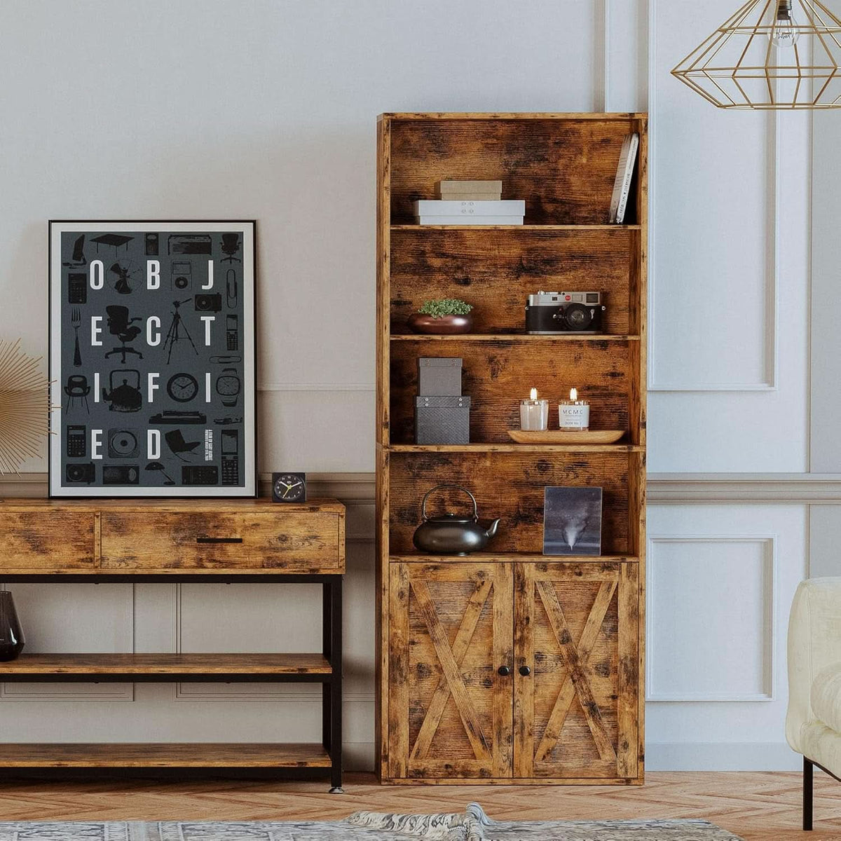 Industrial 70 Inch Tall Bookcase With Doors 6 Shelf Floor Standing Storage