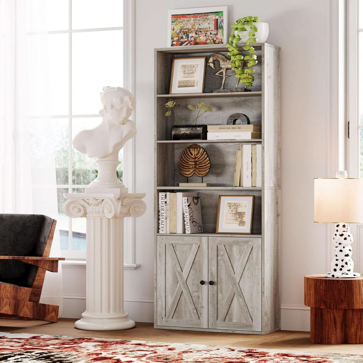 Industrial 70 Inch Tall Bookcase With Doors 6 Shelf Storage