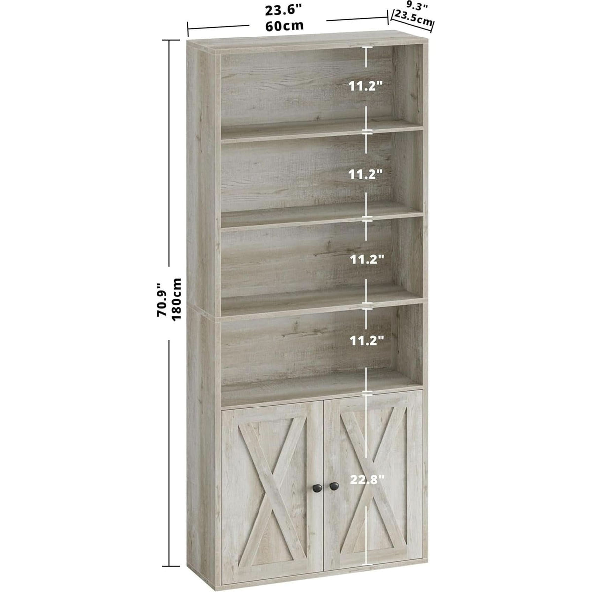 Industrial 70 Inch Tall Bookcase With Doors 6 Shelf Storage