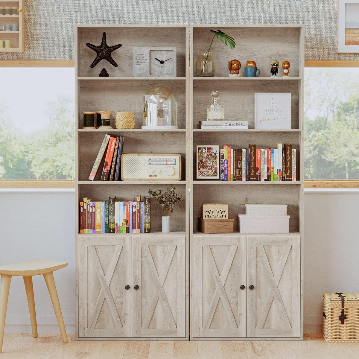 Industrial 70 Inch Tall Bookcase With Doors 6 Shelf Storage