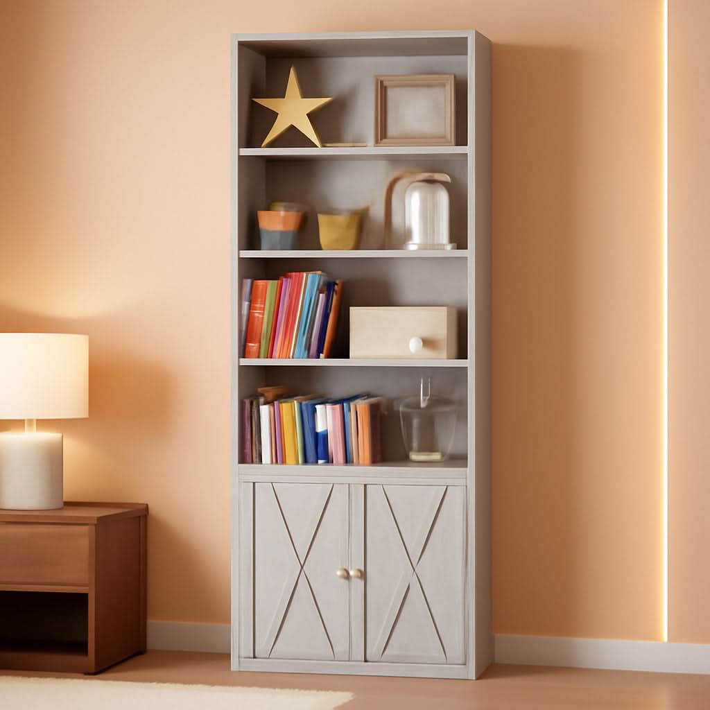 Industrial 70 Inch Tall Bookcase With Doors 6 Shelf Storage