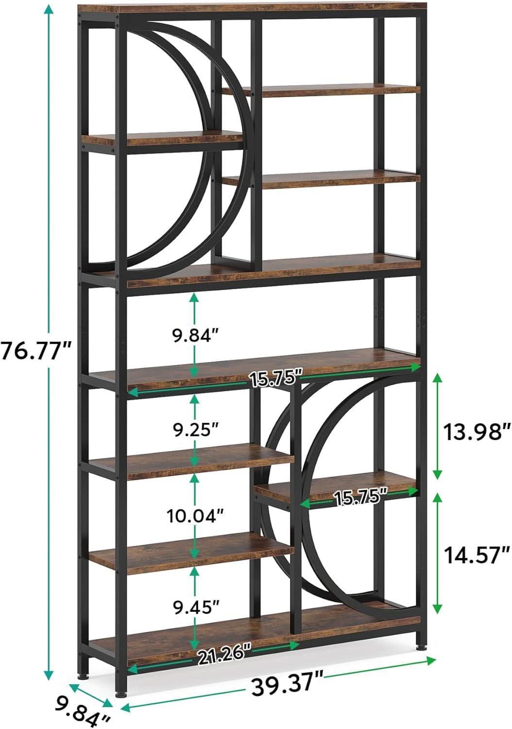 Industrial 77 Inch Etagere Bookshelf Rustic Brown Wood Finish