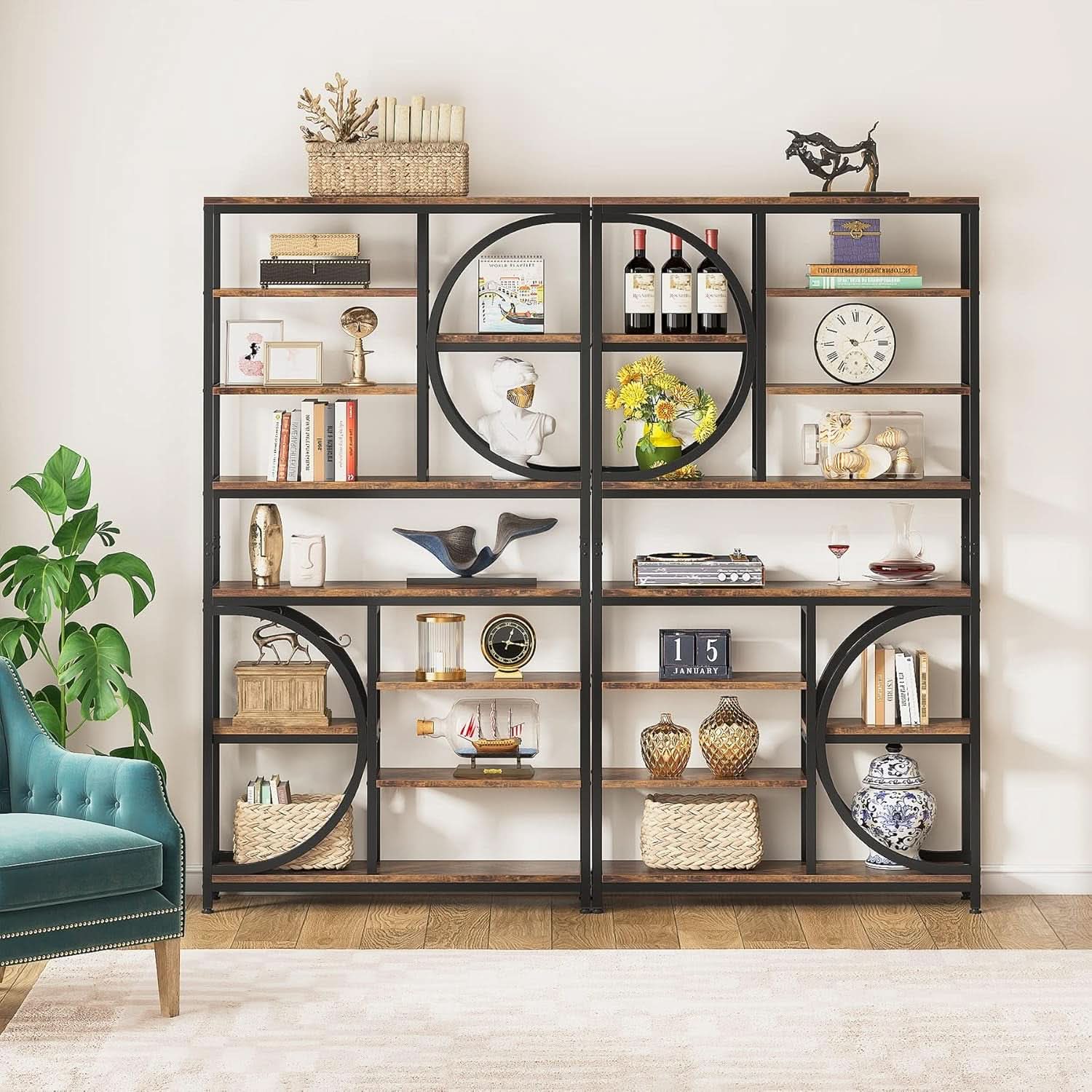 Industrial 77 Inch Etagere Bookshelf Rustic Brown Wood Finish