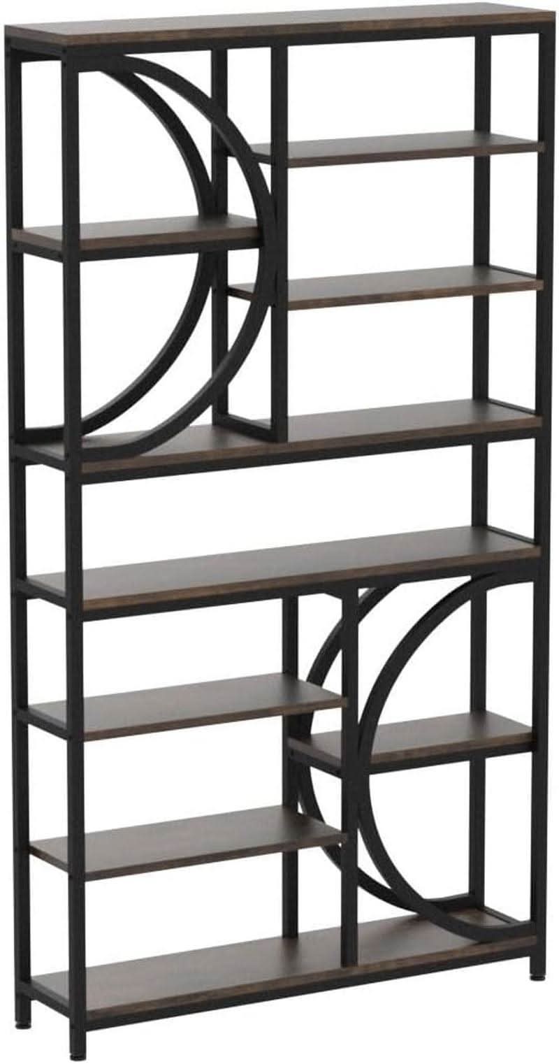 Industrial 77 Inch Etagere Bookshelf Rustic Brown Wood Finish