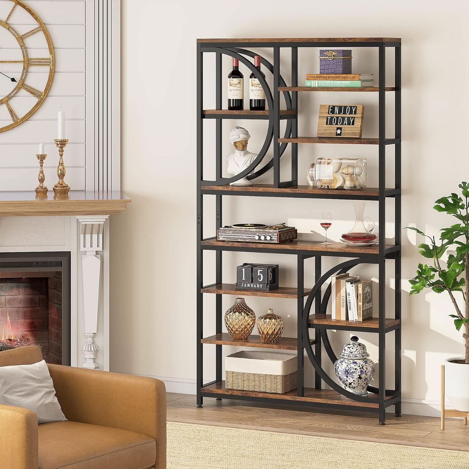 Industrial 77 Inch Etagere Bookshelf Rustic Brown Wood Finish