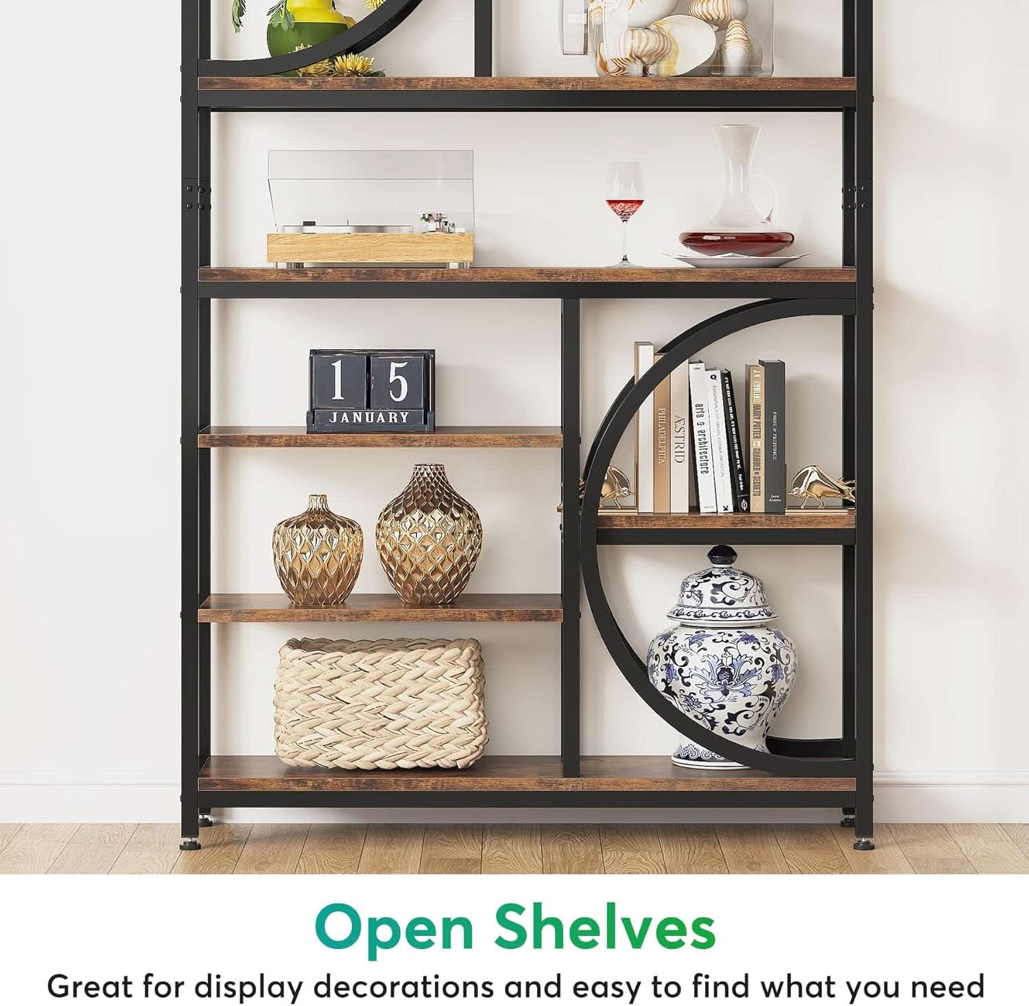 Industrial 77 Inch Etagere Bookshelf Rustic Brown Wood Finish