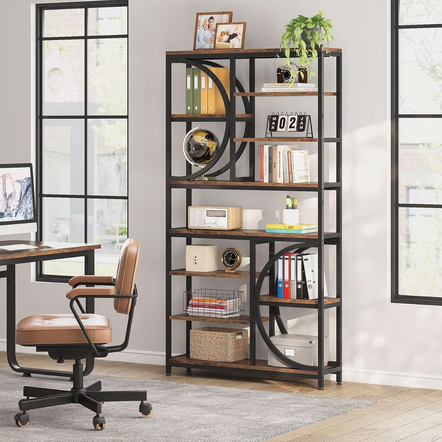 Industrial 77 Inch Etagere Bookshelf Rustic Brown Wood Finish