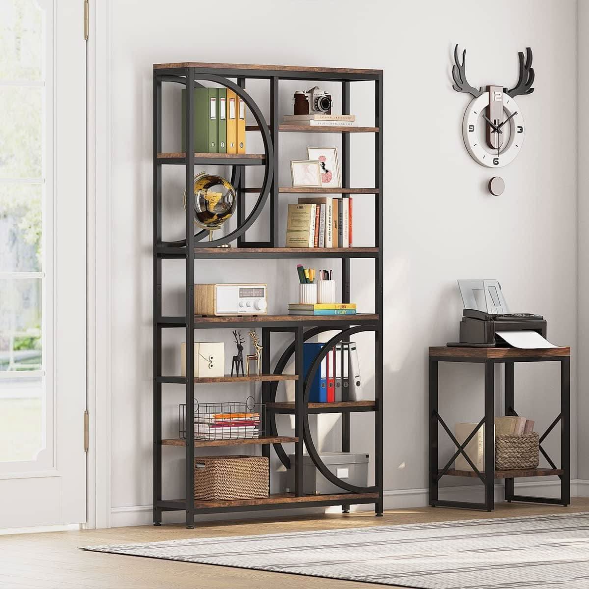 Industrial 77 Inch Etagere Bookshelf Rustic Brown Wood Finish