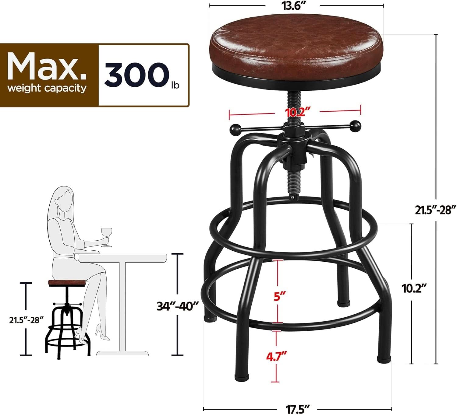 Industrial Bar Stool Adjustable Brown Counter Height