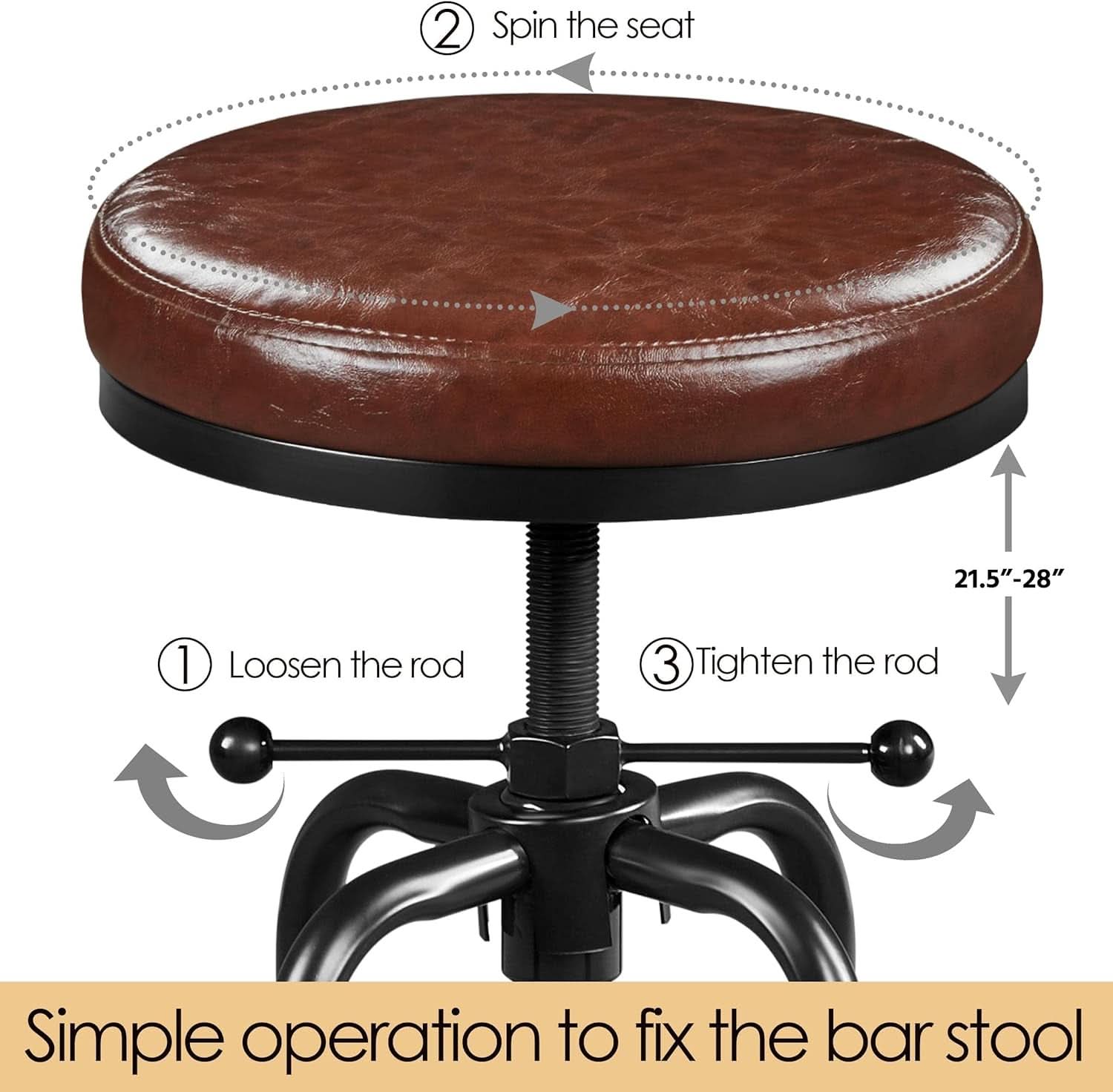 Industrial Bar Stool Adjustable Brown Counter Height
