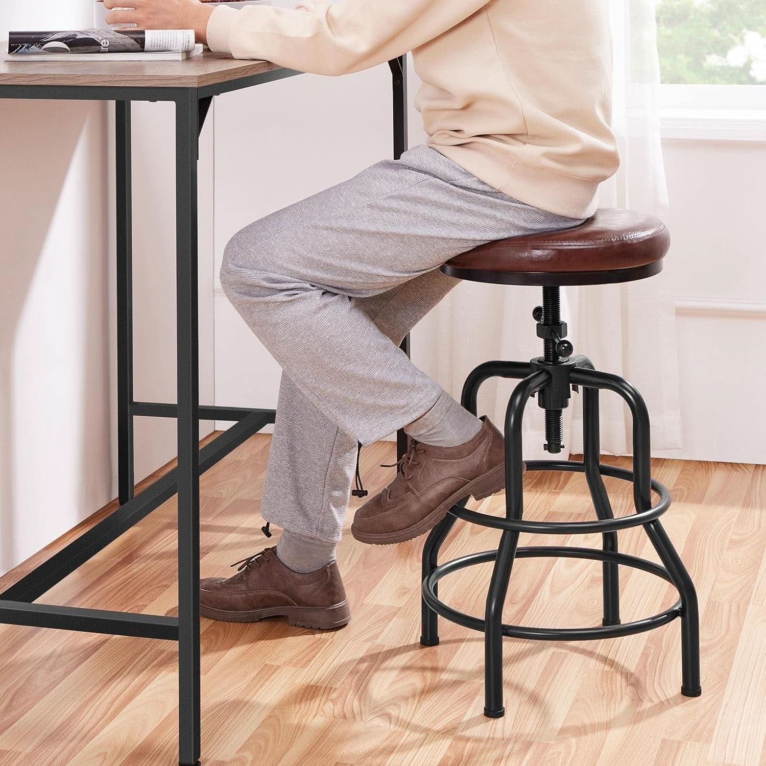 Industrial Bar Stool Adjustable Brown Counter Height