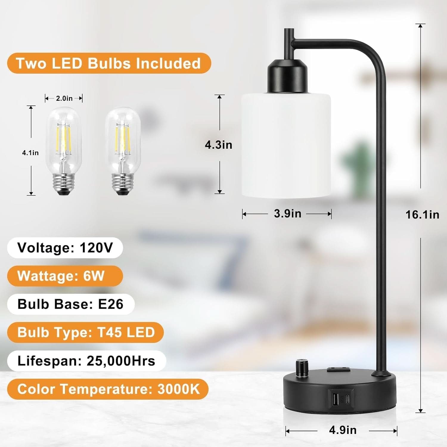 Industrial Black Dimmable Bedside Lamps With USB Ports