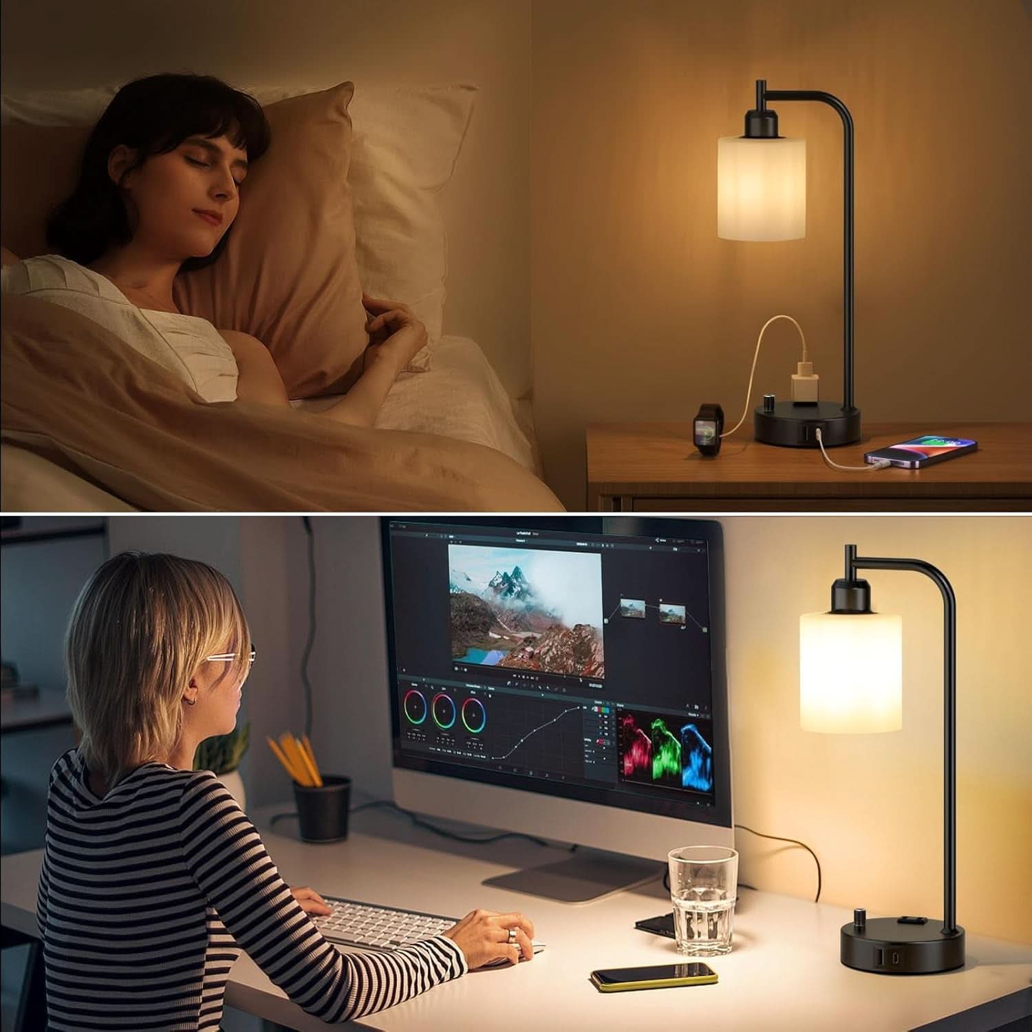 Industrial Black Dimmable Bedside Lamps With USB Ports