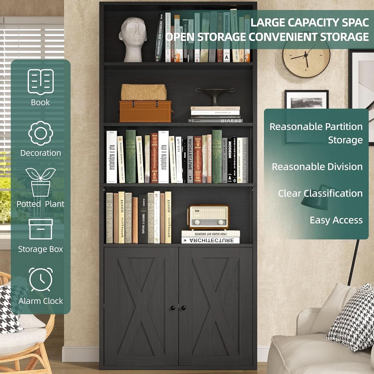 Industrial Black Floor Standing Bookcase With Doors
