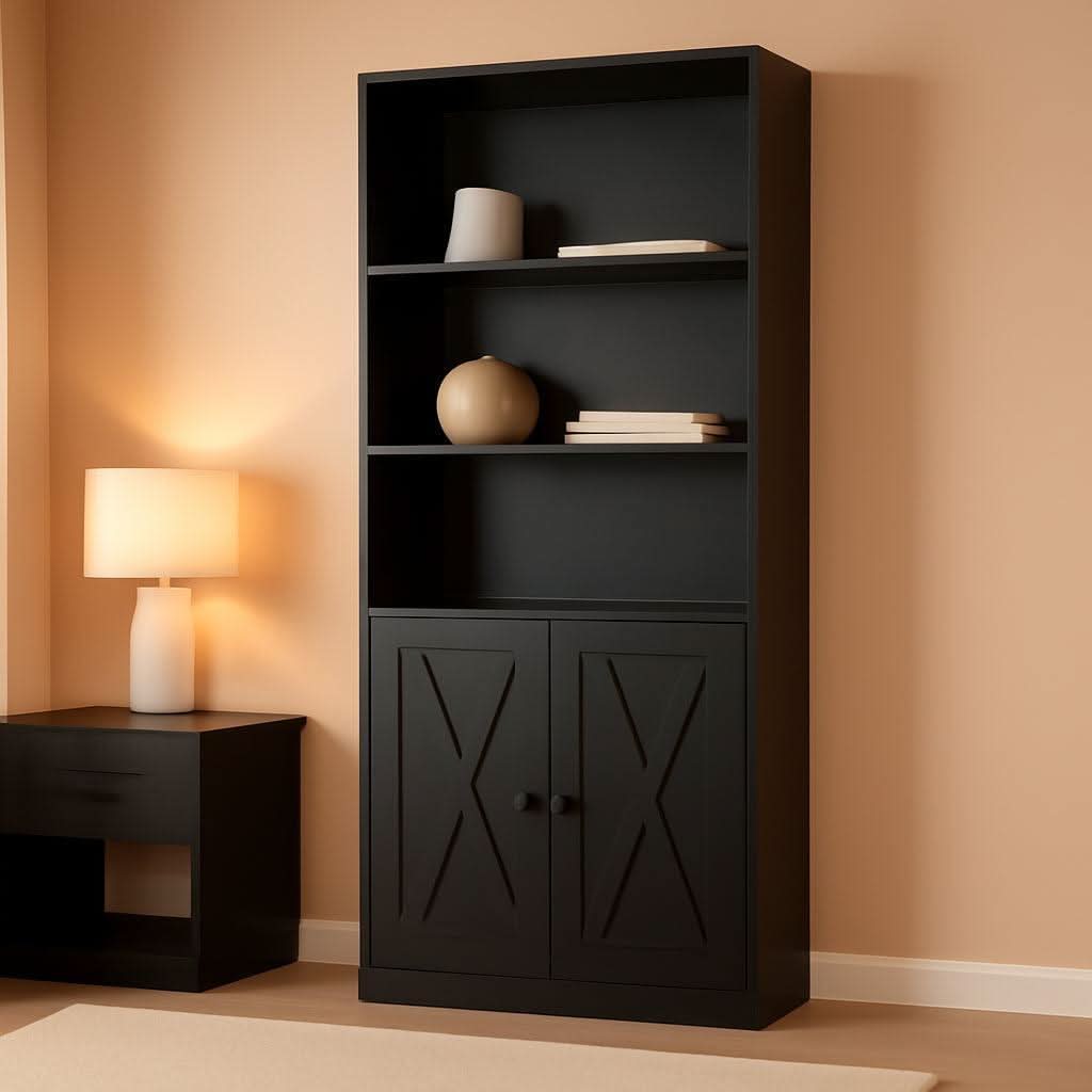 Industrial Black Floor Standing Bookcase With Doors