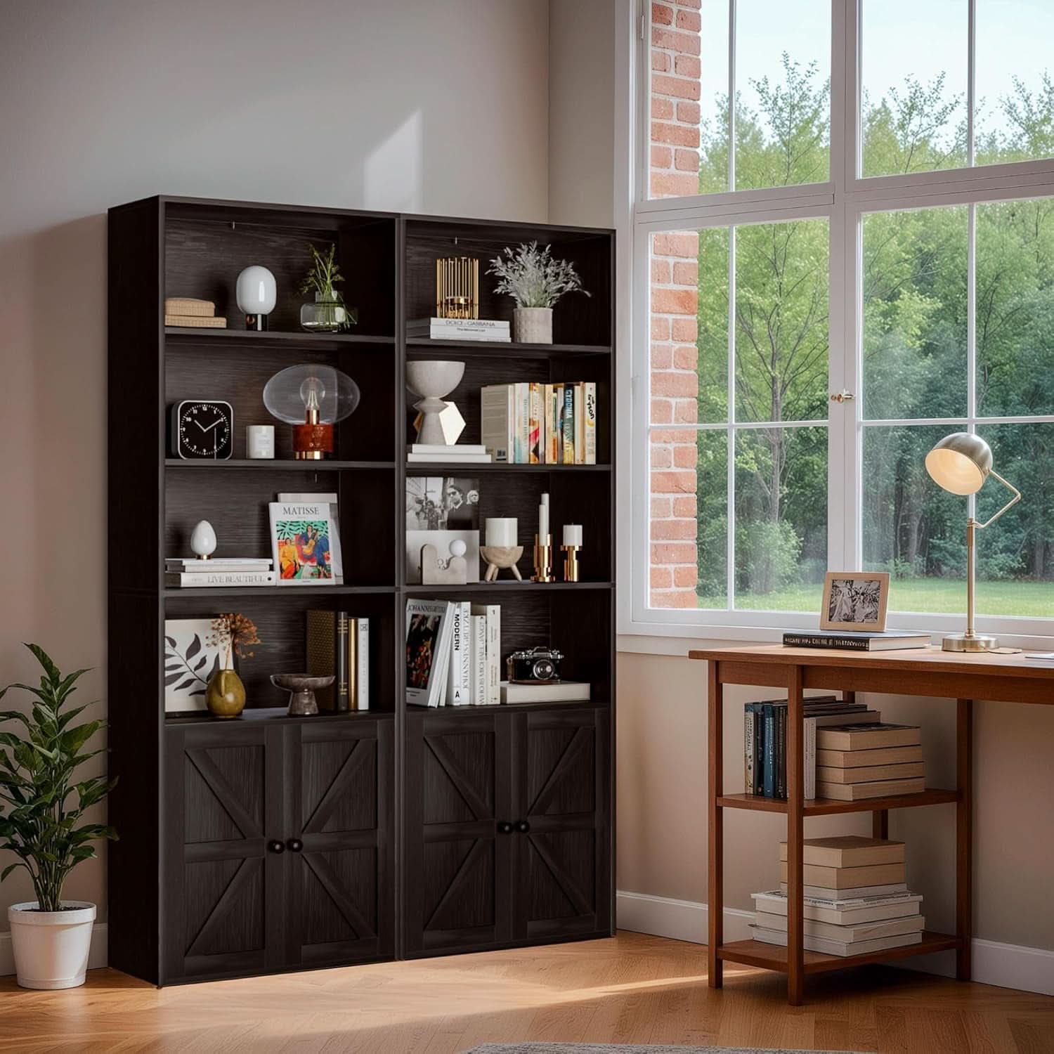 Industrial Bookshelf Cabinet With Doors Tall Black