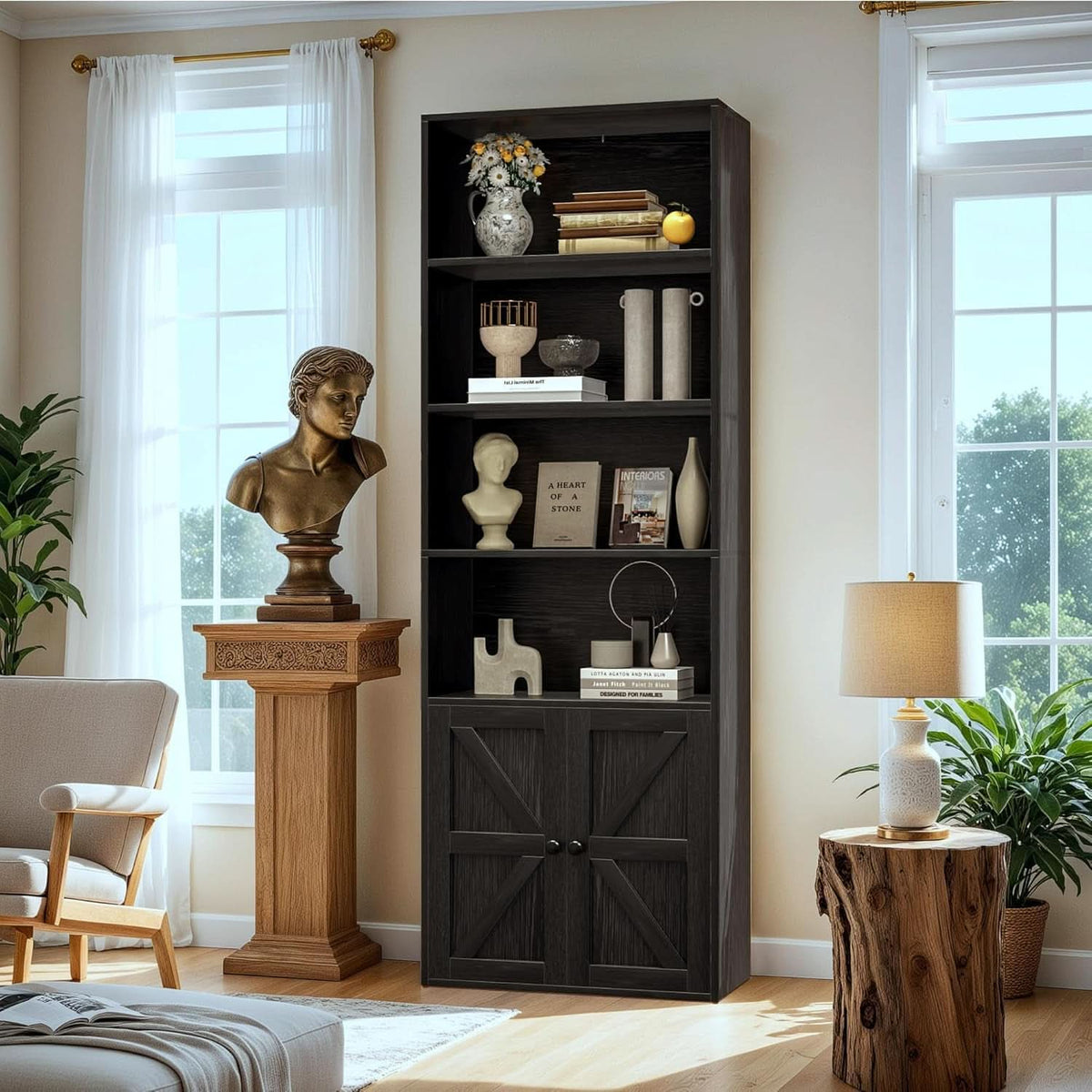 Industrial Bookshelf Cabinet With Doors Tall Black