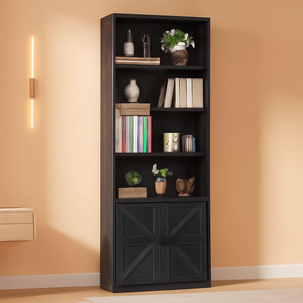 Industrial Bookshelf Cabinet With Doors Tall Black