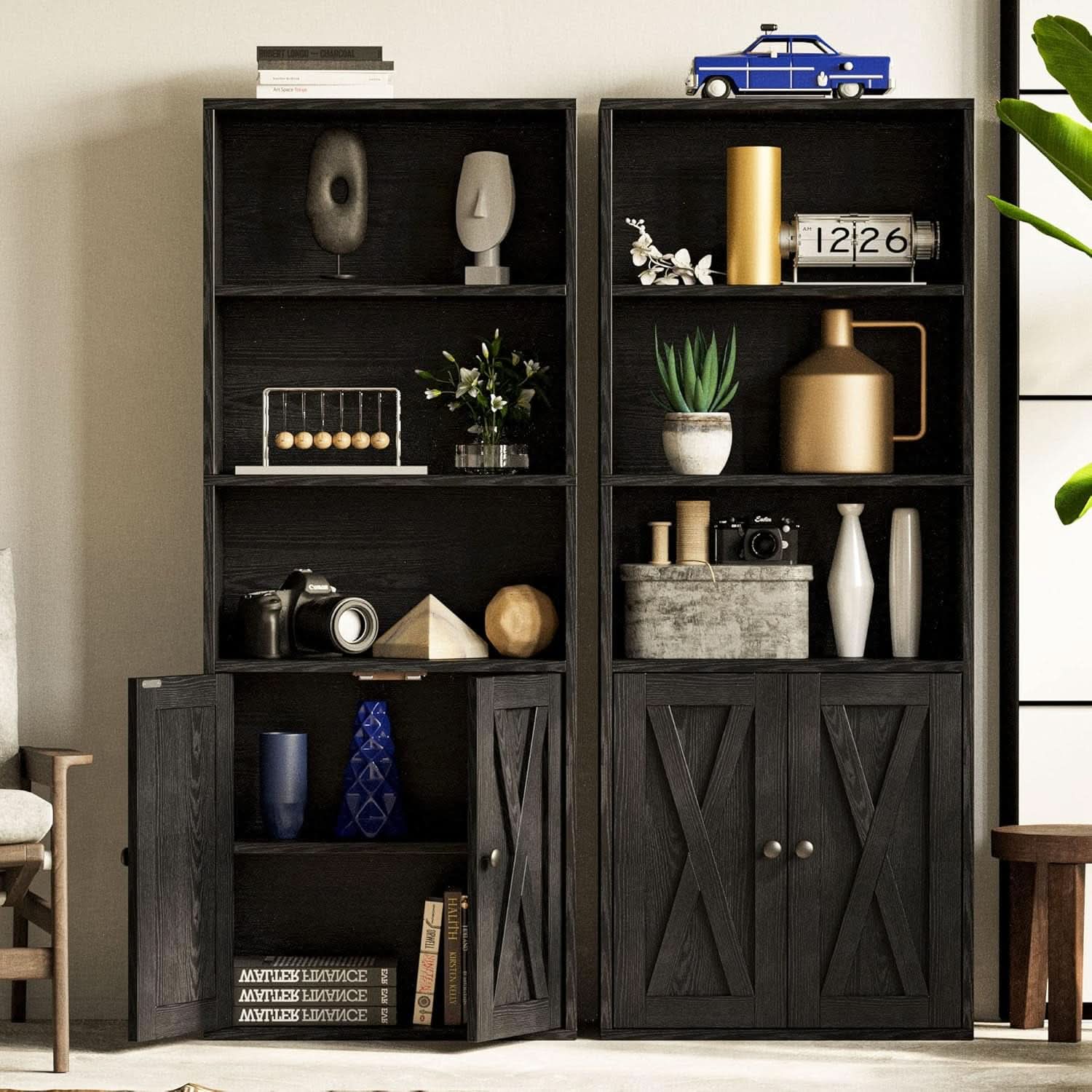 Industrial Bookshelf With Doors 11.8 Inch Depth 5 Shelves
