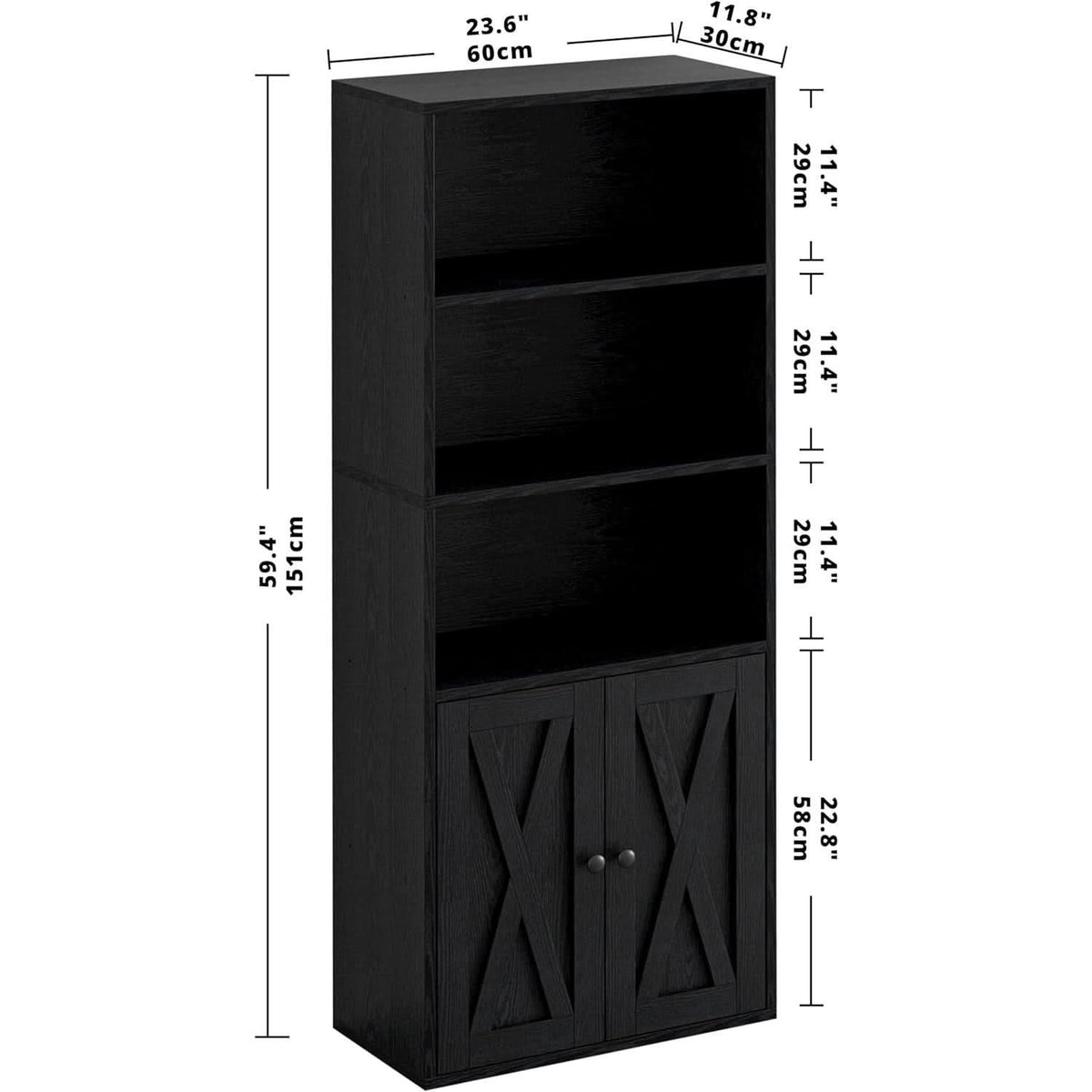 Industrial Bookshelf With Doors 11.8 Inch Depth 5 Shelves
