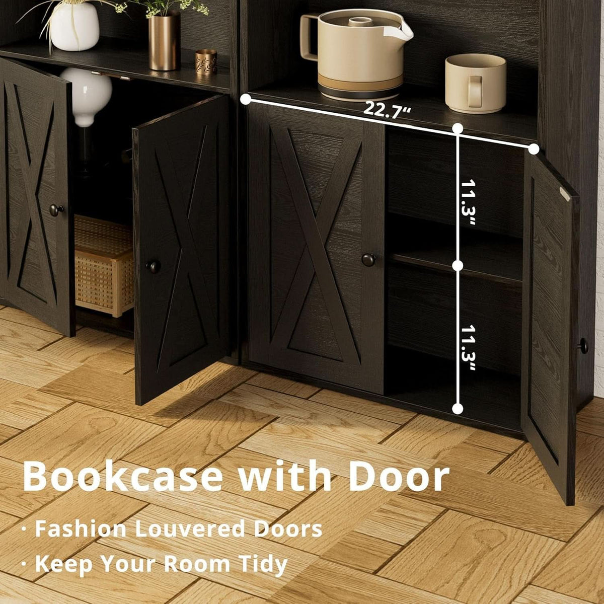 Industrial Bookshelf With Doors 11.8 Inch Depth 5 Shelves
