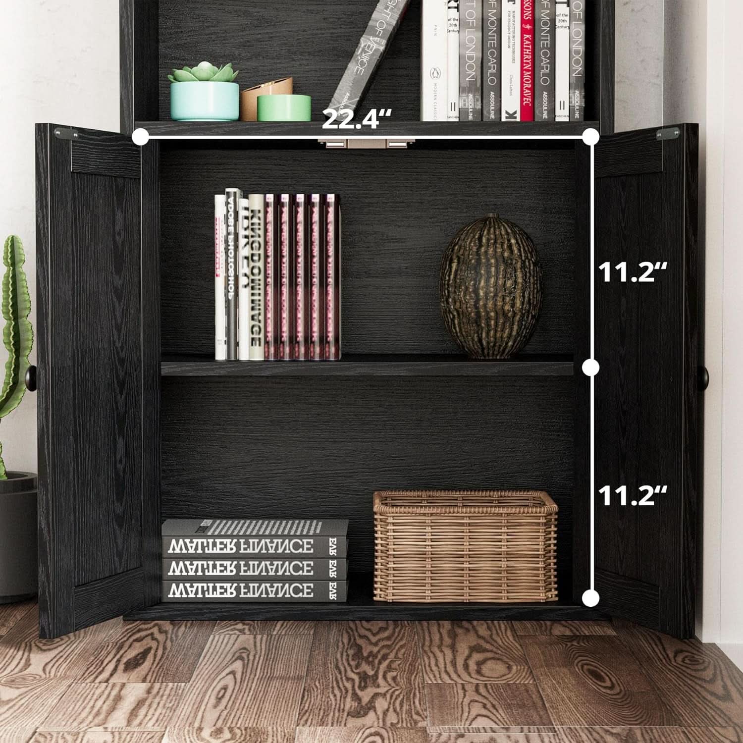 Industrial Bookshelf With Doors 11.8 Inch Depth 5 Shelves