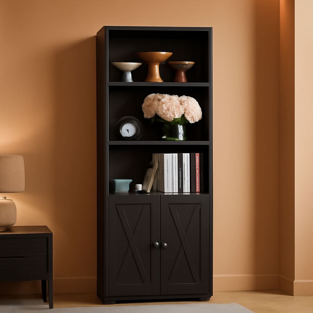 Industrial Bookshelf With Doors 11.8 Inch Depth 5 Shelves