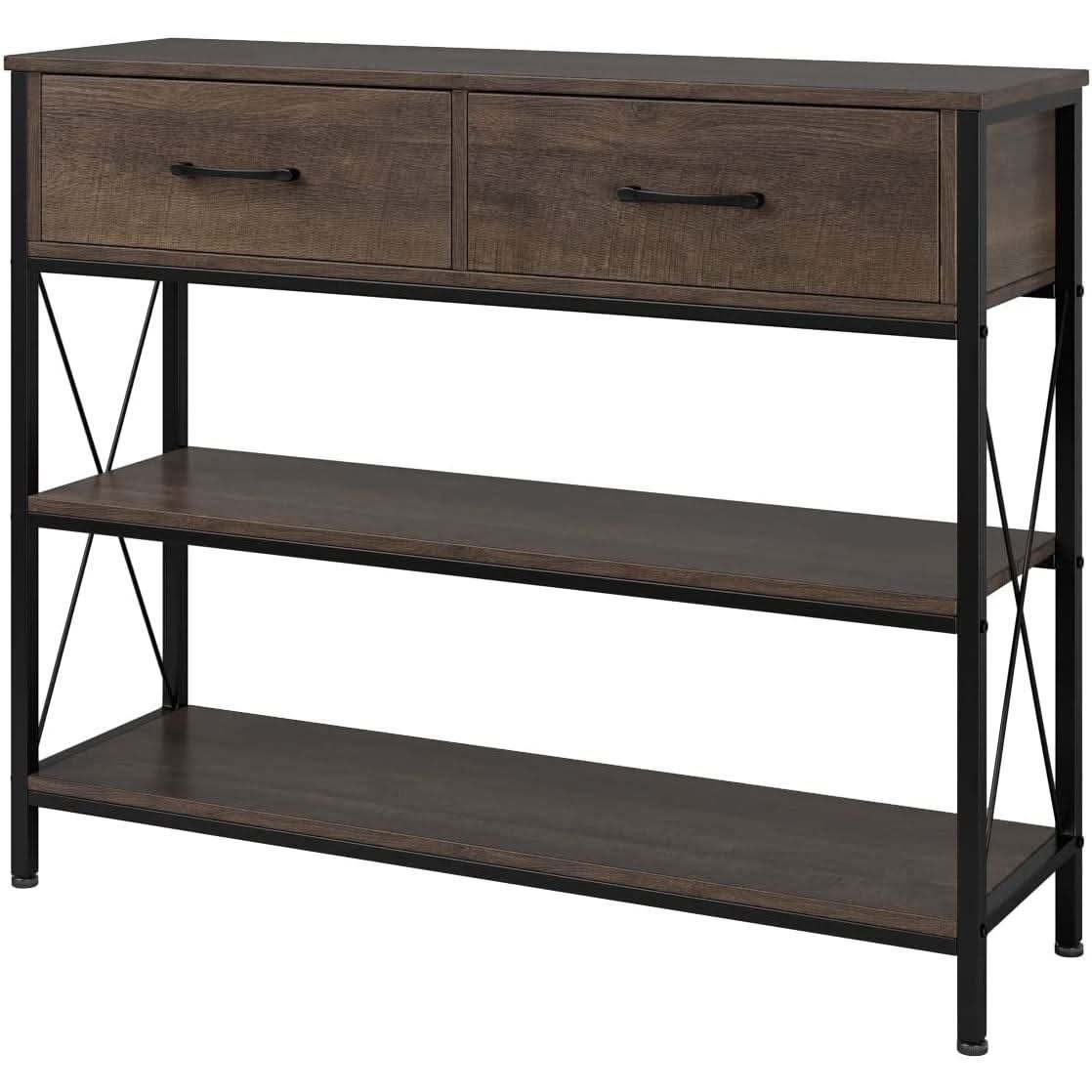Industrial Dark Brown Sofa Table With Drawers And Shelves