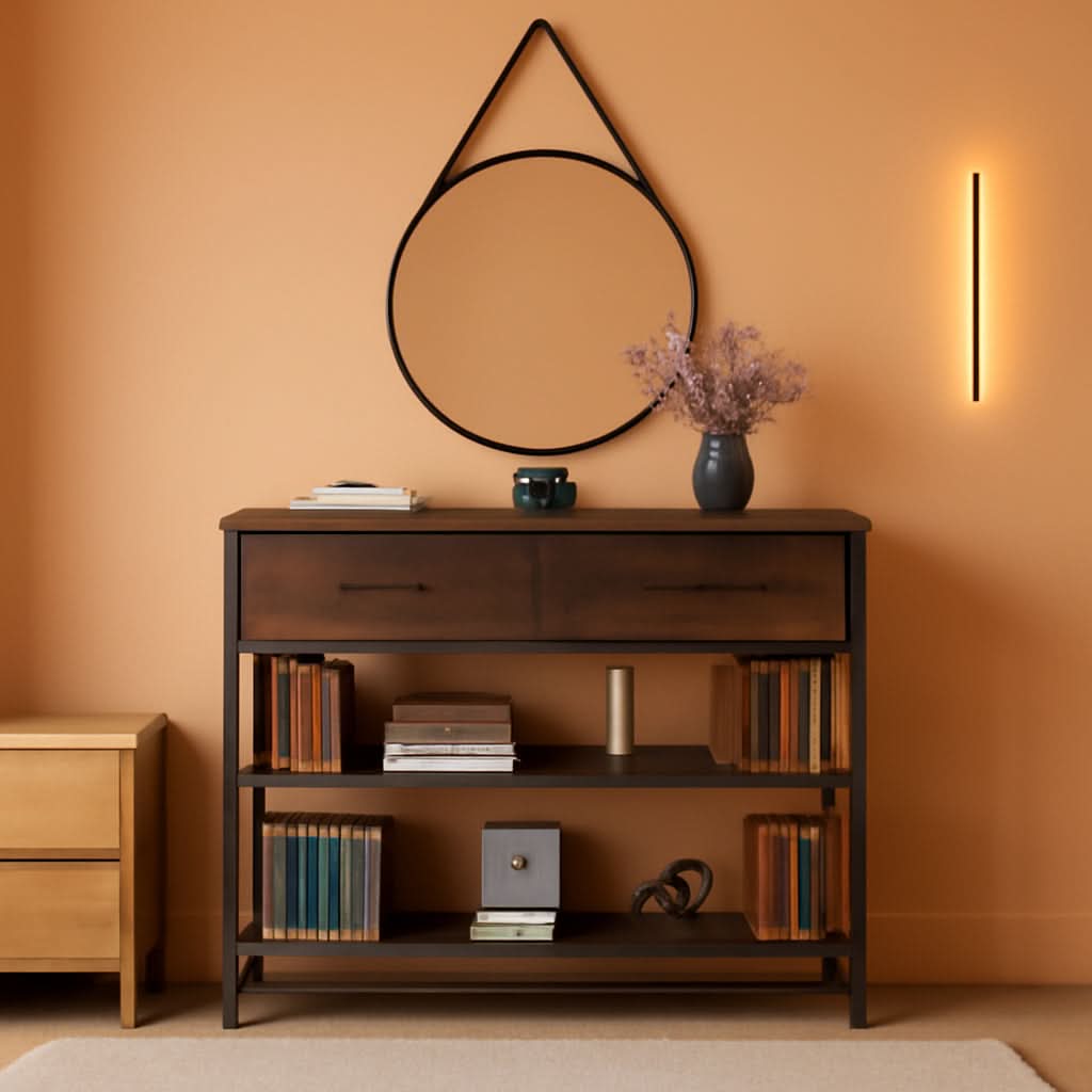 Industrial Dark Brown Sofa Table With Drawers And Shelves