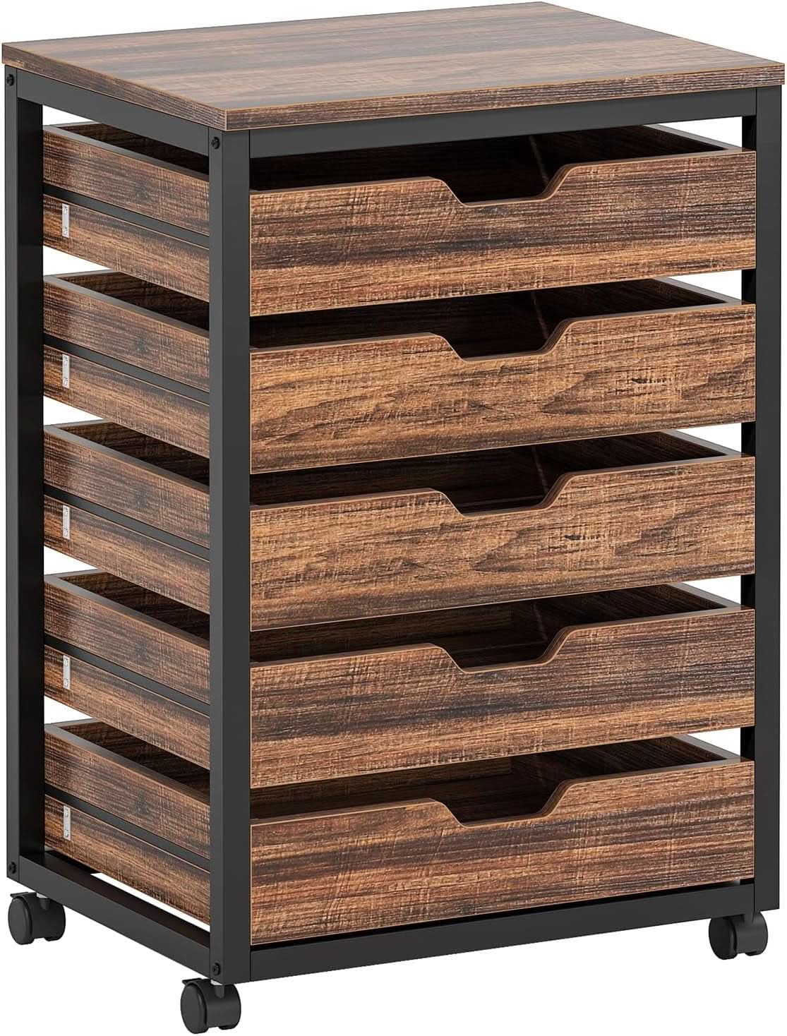 Industrial Five Drawer Wood Dresser Cart BrownFinish