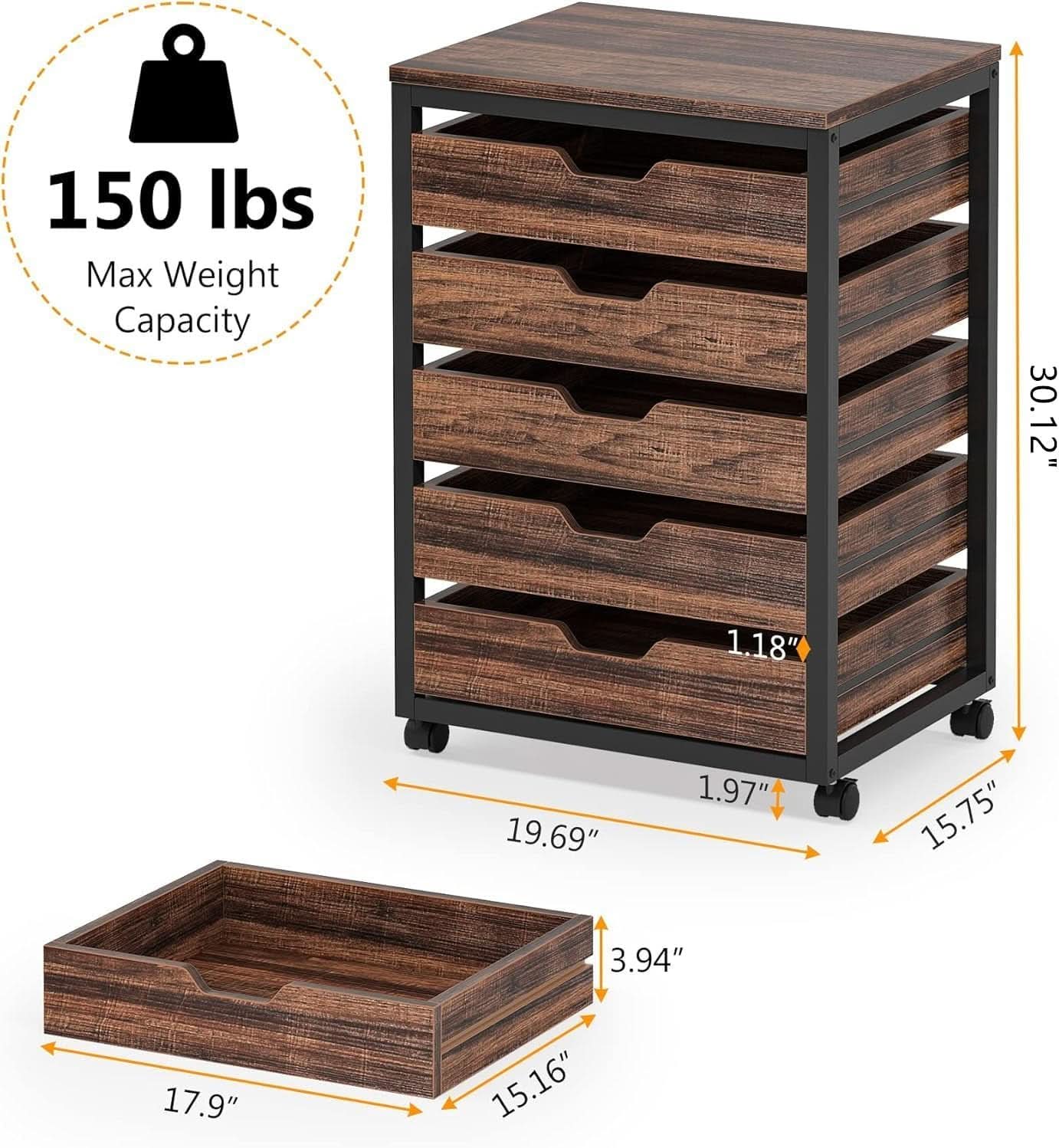 Industrial Five Drawer Wood Dresser Cart BrownFinish