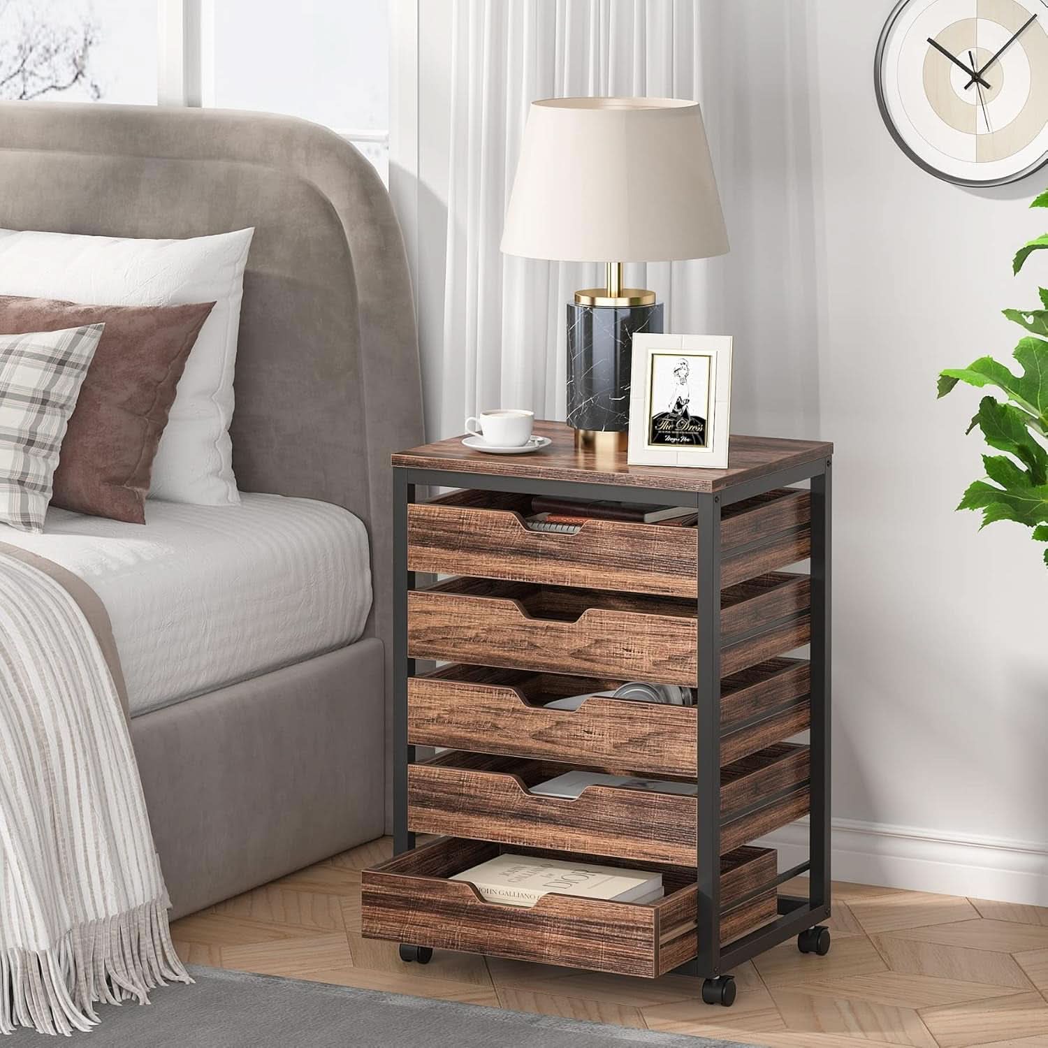 Industrial Five Drawer Wood Dresser Cart BrownFinish