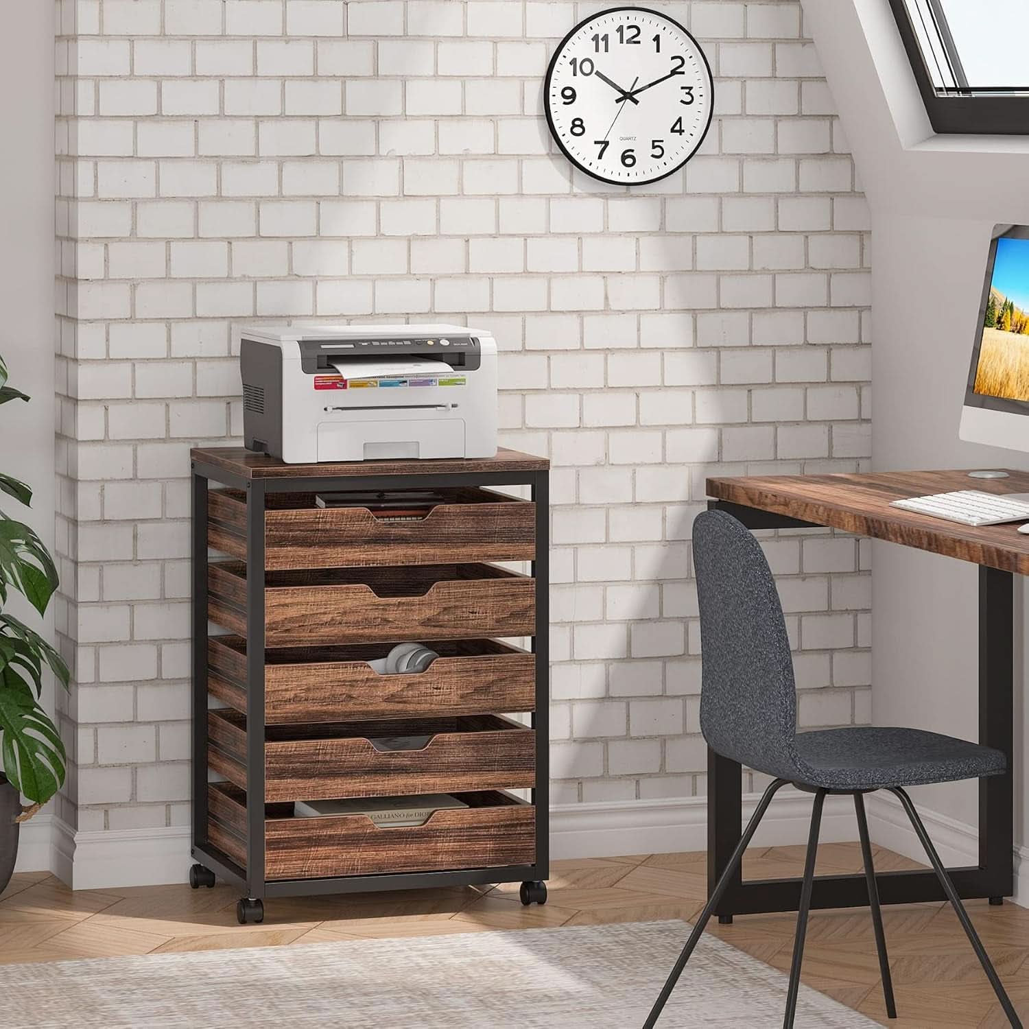 Industrial Five Drawer Wood Dresser Cart BrownFinish