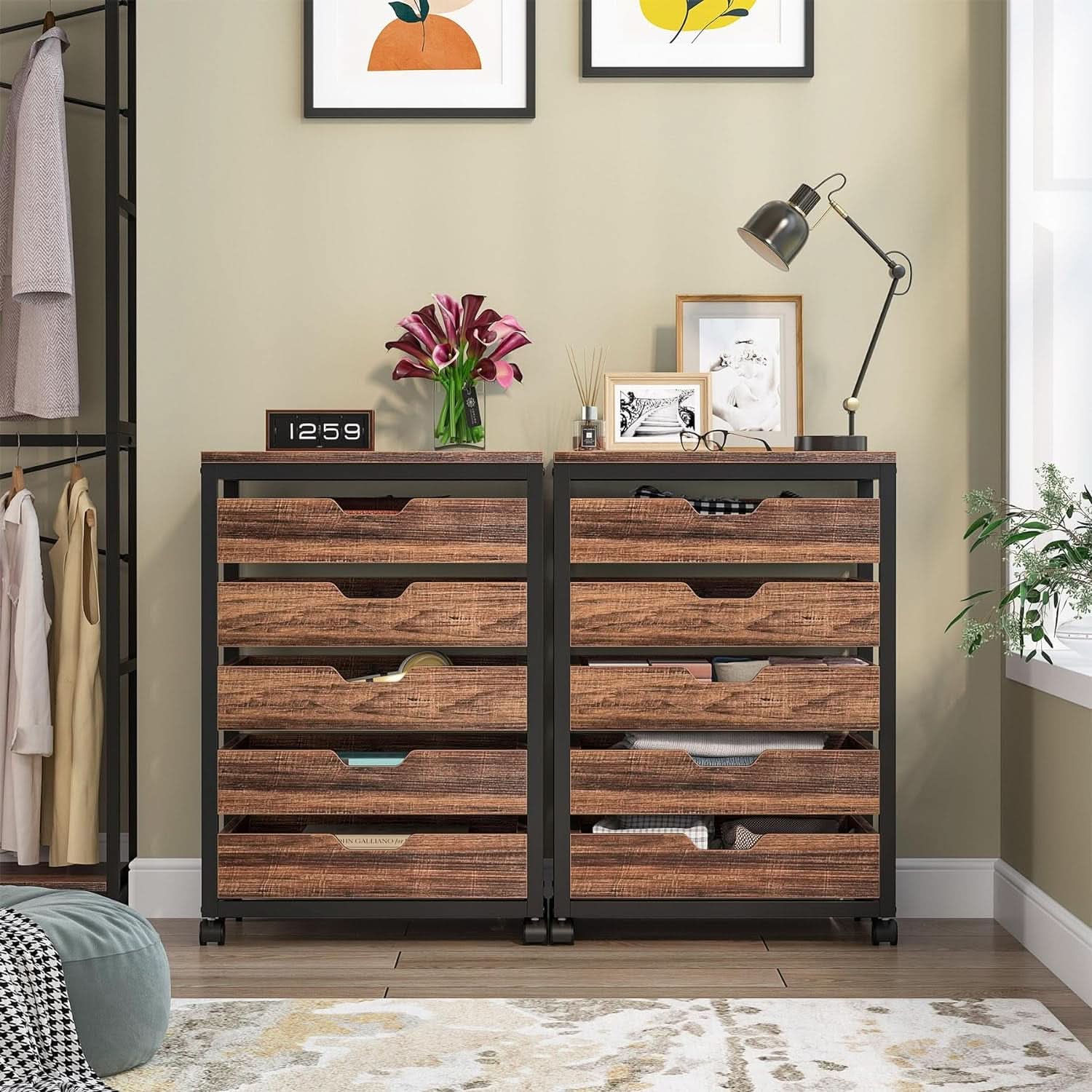 Industrial Five Drawer Wood Dresser Cart BrownFinish