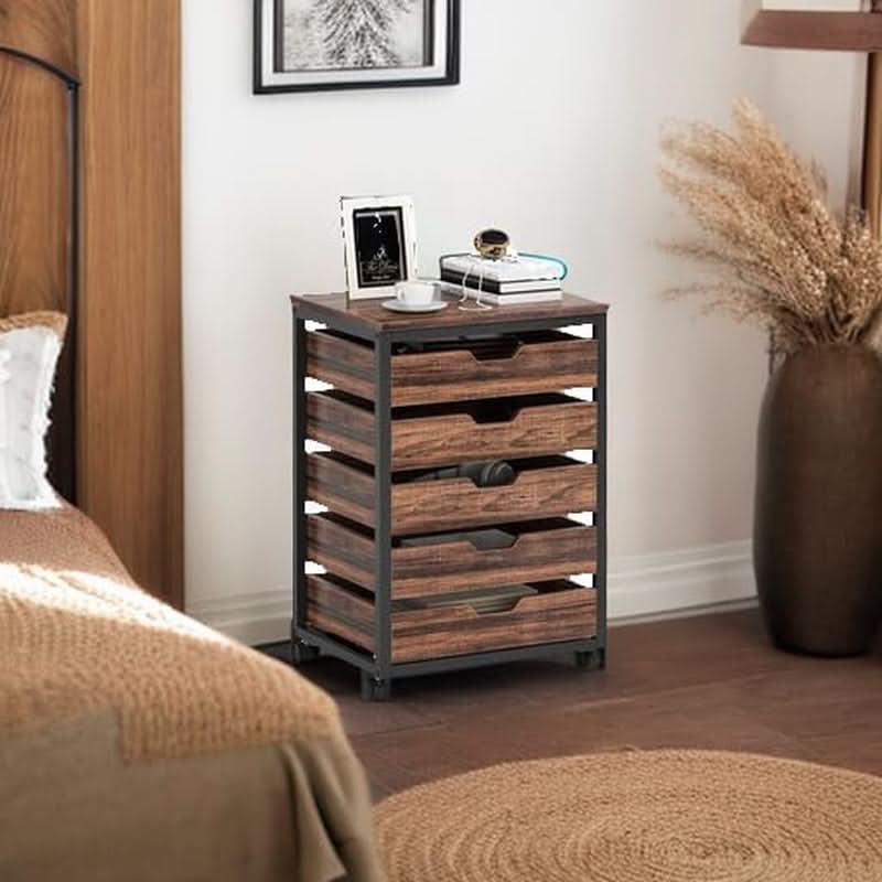 Industrial Five Drawer Wood Dresser Cart BrownFinish