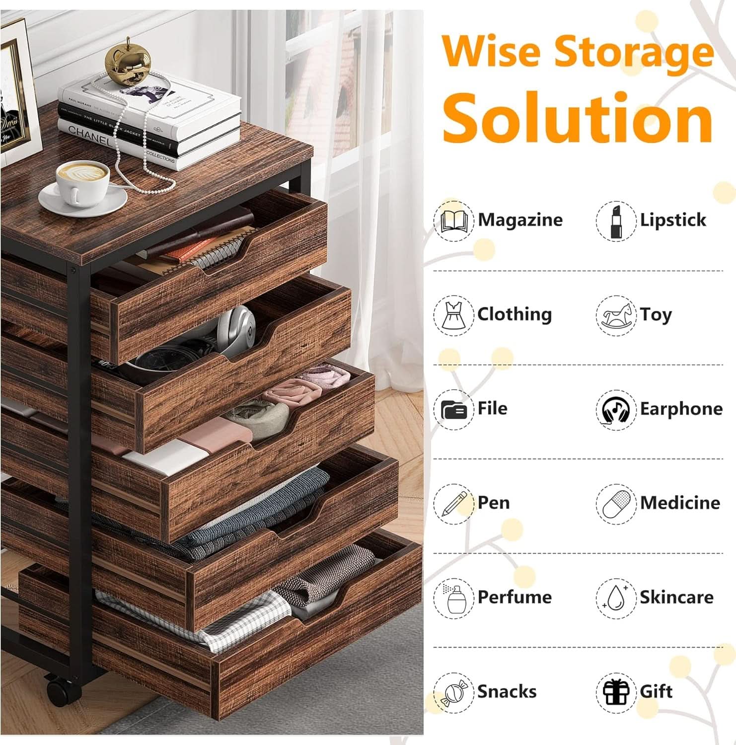 Industrial Five Drawer Wood Dresser Cart BrownFinish