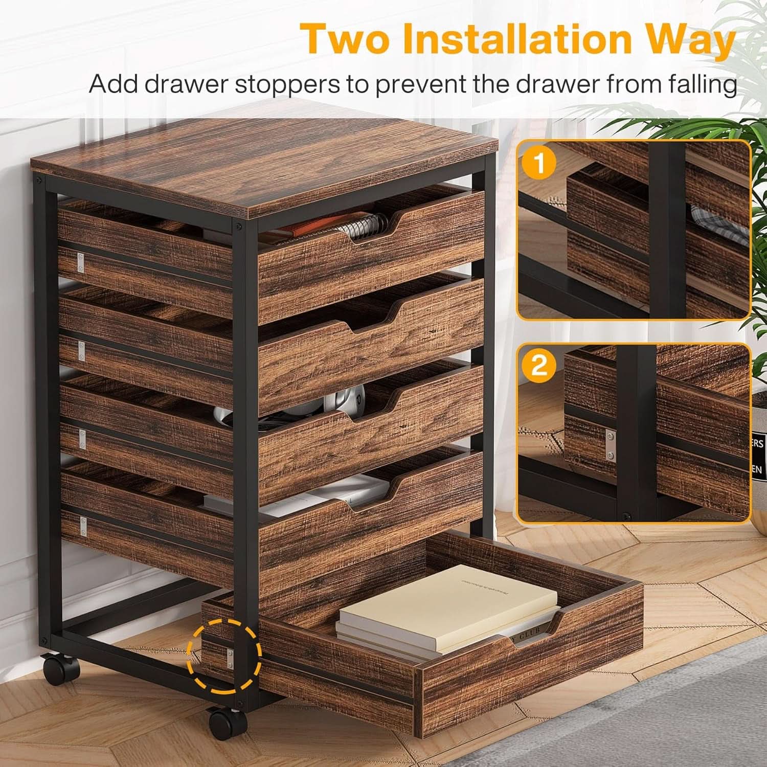 Industrial Five Drawer Wood Dresser Cart BrownFinish