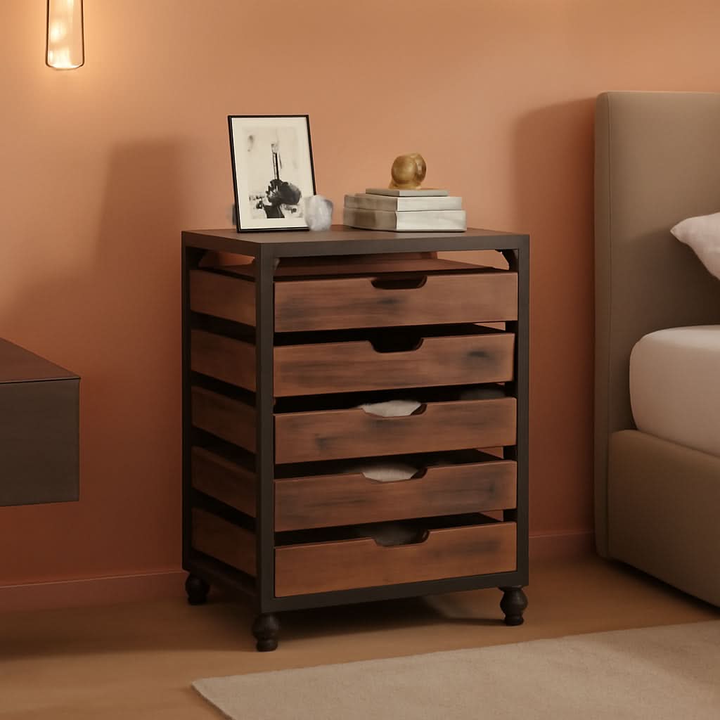 Industrial Five Drawer Wood Dresser Cart BrownFinish