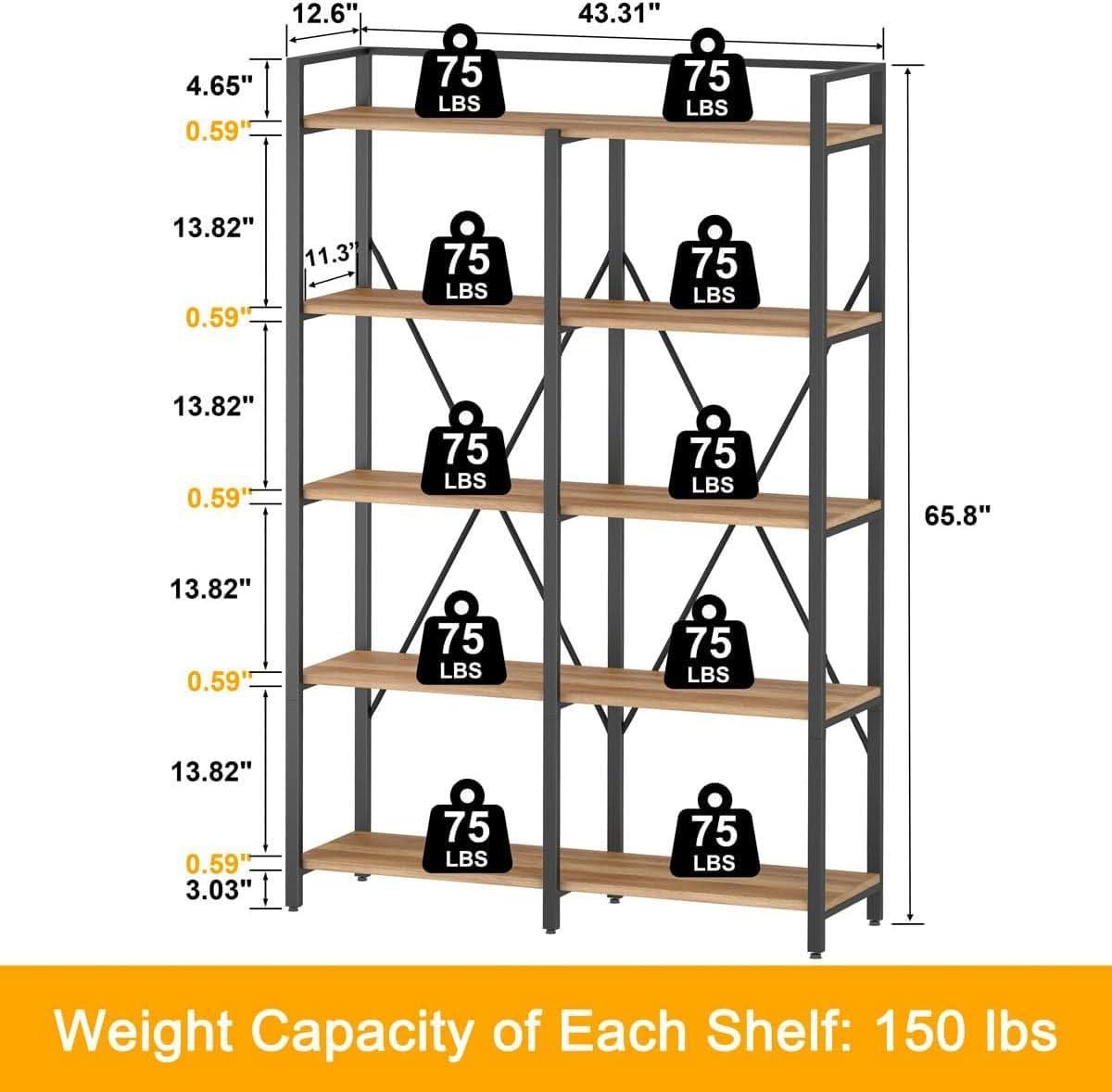 Industrial Five Tier Etagere Bookshelf Vintage Oak Finish