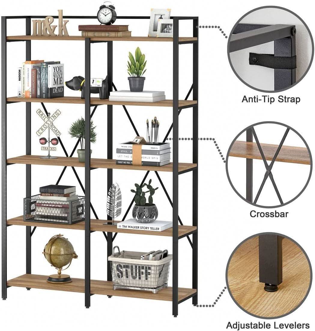 Industrial Five Tier Etagere Bookshelf Vintage Oak Finish