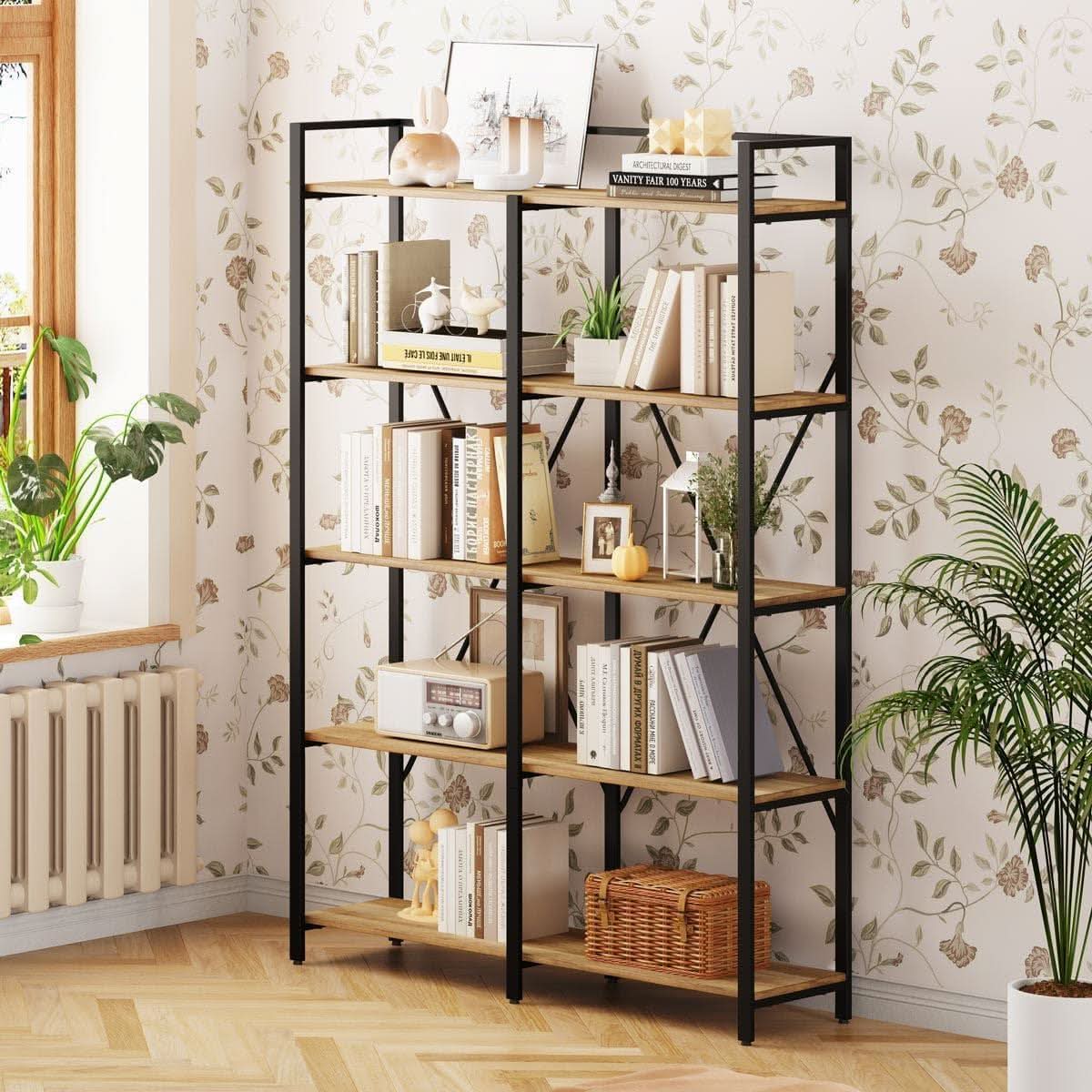 Industrial Five Tier Etagere Bookshelf Vintage Oak Finish