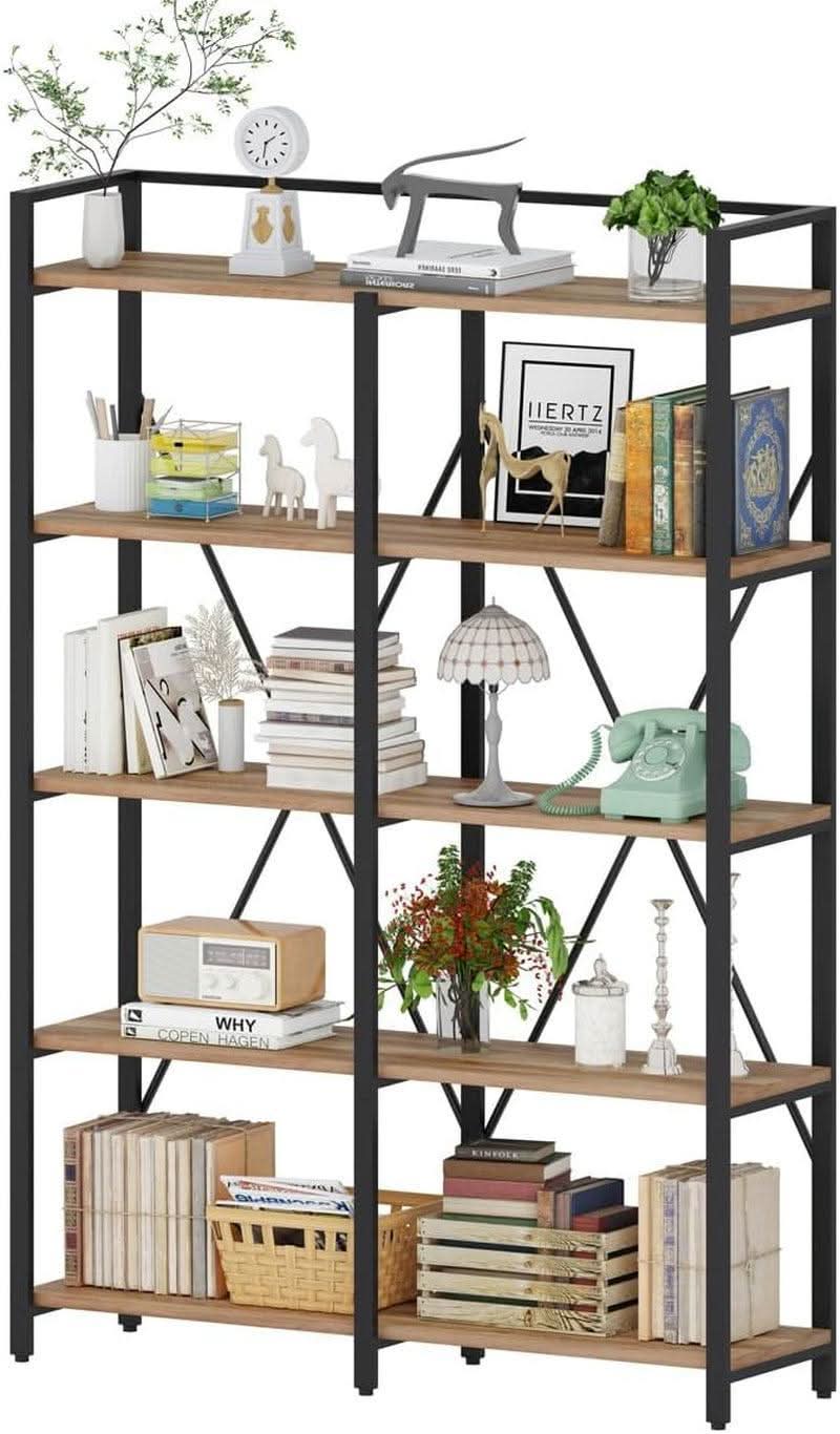 Industrial Five Tier Etagere Bookshelf Vintage Oak Finish