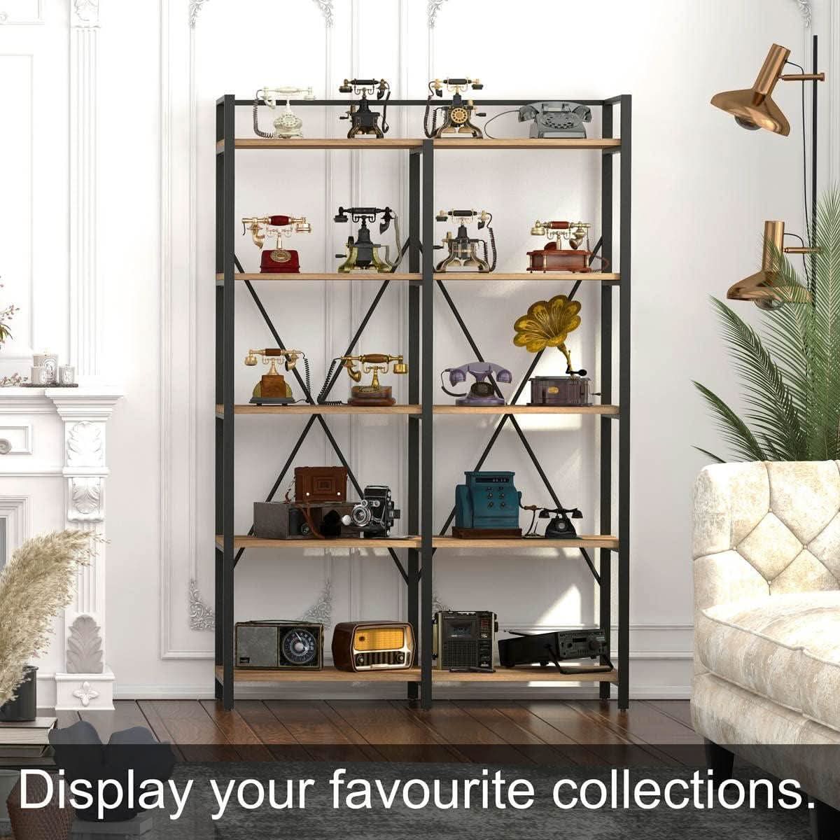 Industrial Five Tier Etagere Bookshelf Vintage Oak Finish