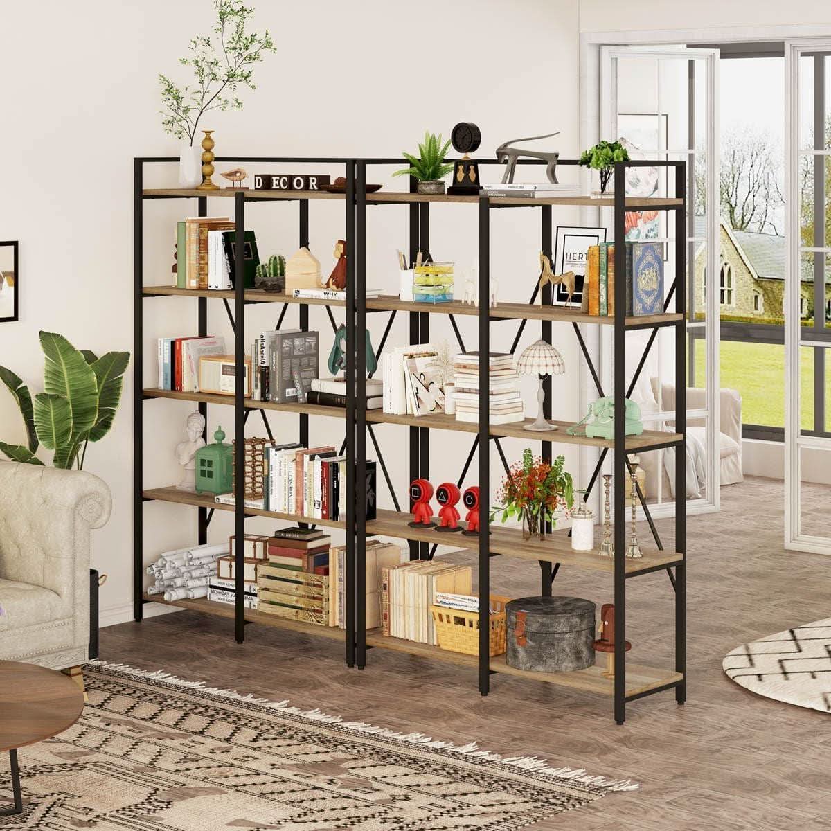 Industrial Five Tier Etagere Bookshelf Vintage Oak Finish