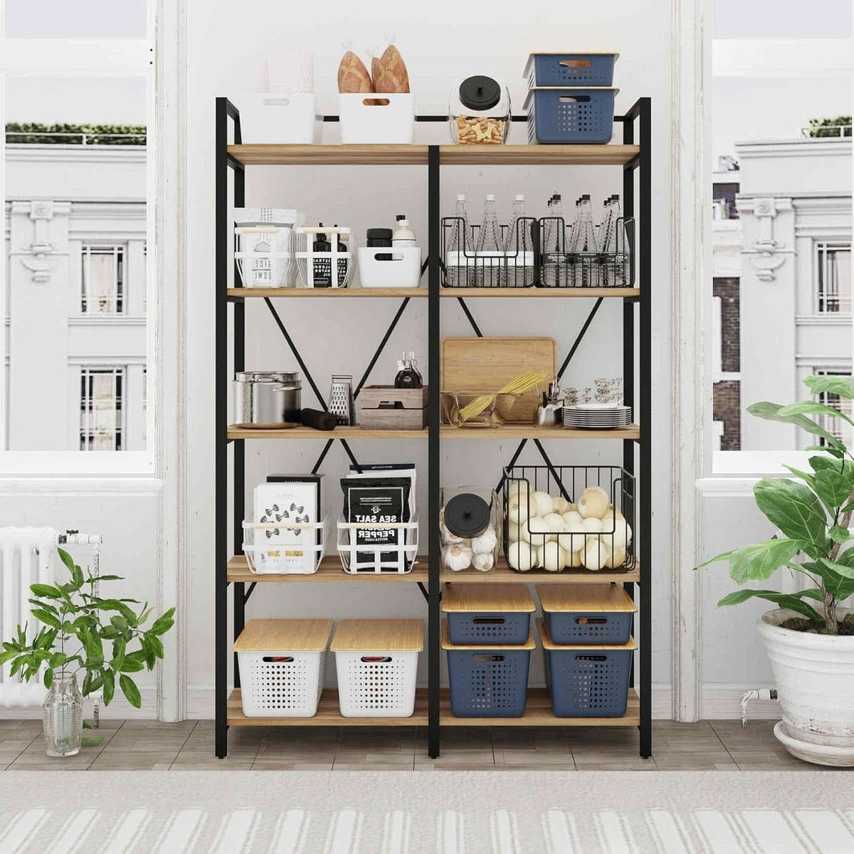 Industrial Five Tier Etagere Bookshelf Vintage Oak Finish
